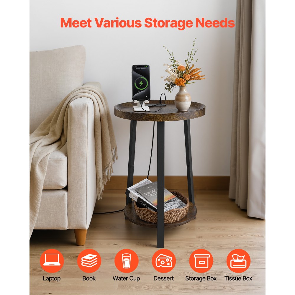 VEVOR End Table, 2-Tier Round Side Table with Open Storage Shelves, Modern Nightstand Bedside Desk with USB & AC Charging Port, Wood Sofa Coffee Desk for Living Room, Bedroom, Office, Dorm, Brown