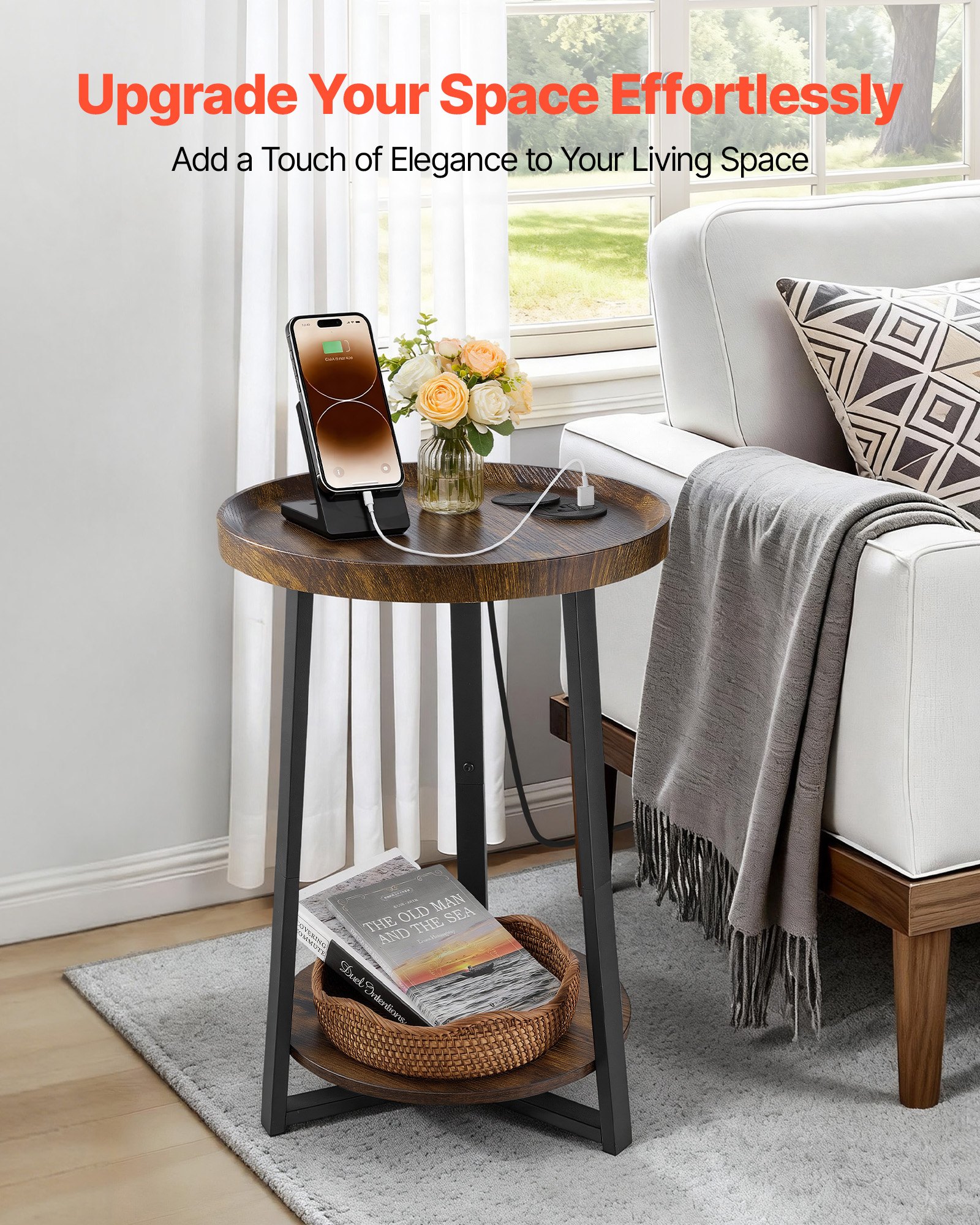 VEVOR End Table, 2-Tier Round Side Table with Open Storage Shelves, Modern Nightstand Bedside Desk with USB & AC Charging Port, Wood Sofa Coffee Desk for Living Room, Bedroom, Office, Dorm, Brown