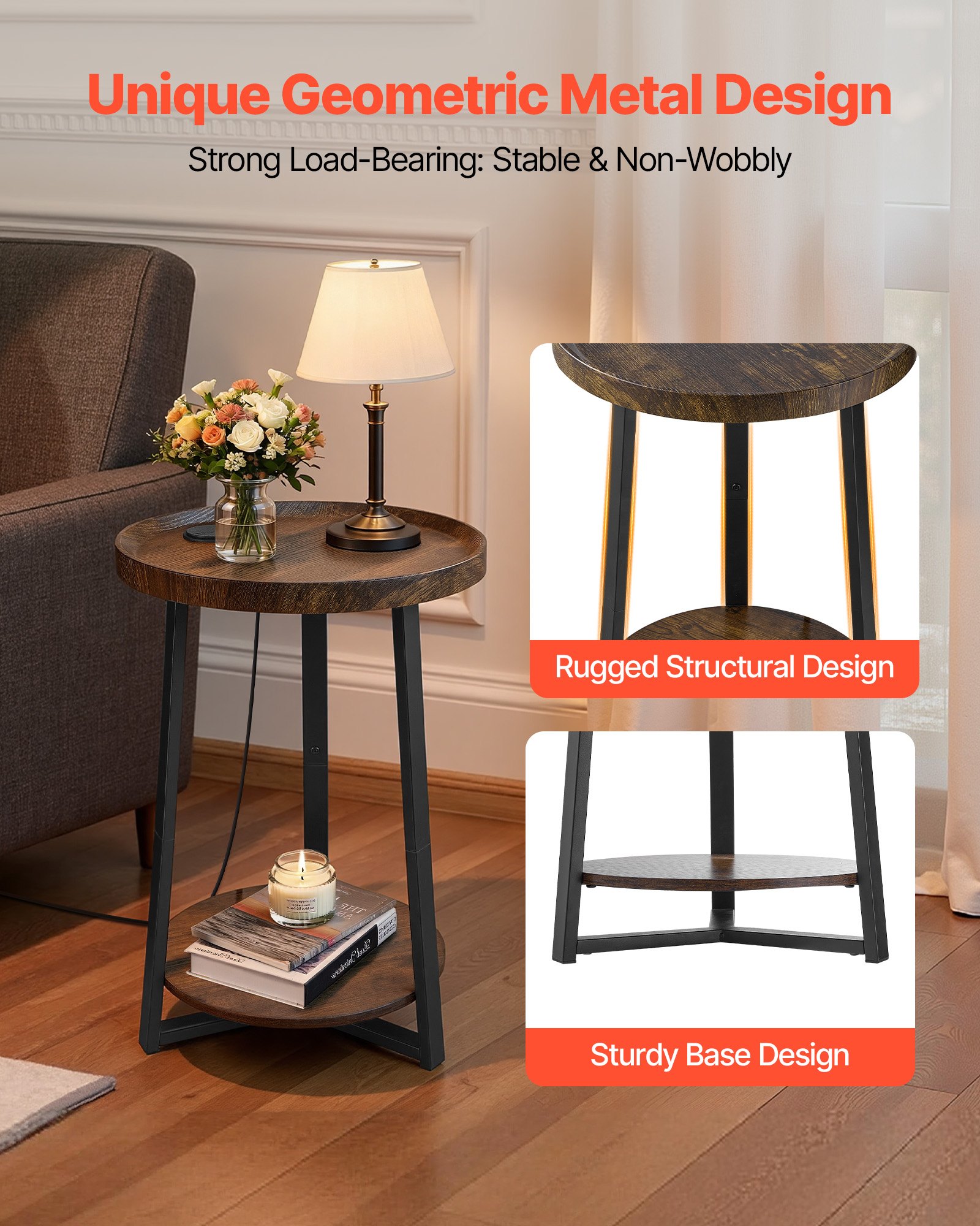 VEVOR End Table, 2-Tier Round Side Table with Open Storage Shelves, Modern Nightstand Bedside Desk with USB & AC Charging Port, Wood Sofa Coffee Desk for Living Room, Bedroom, Office, Dorm, Brown