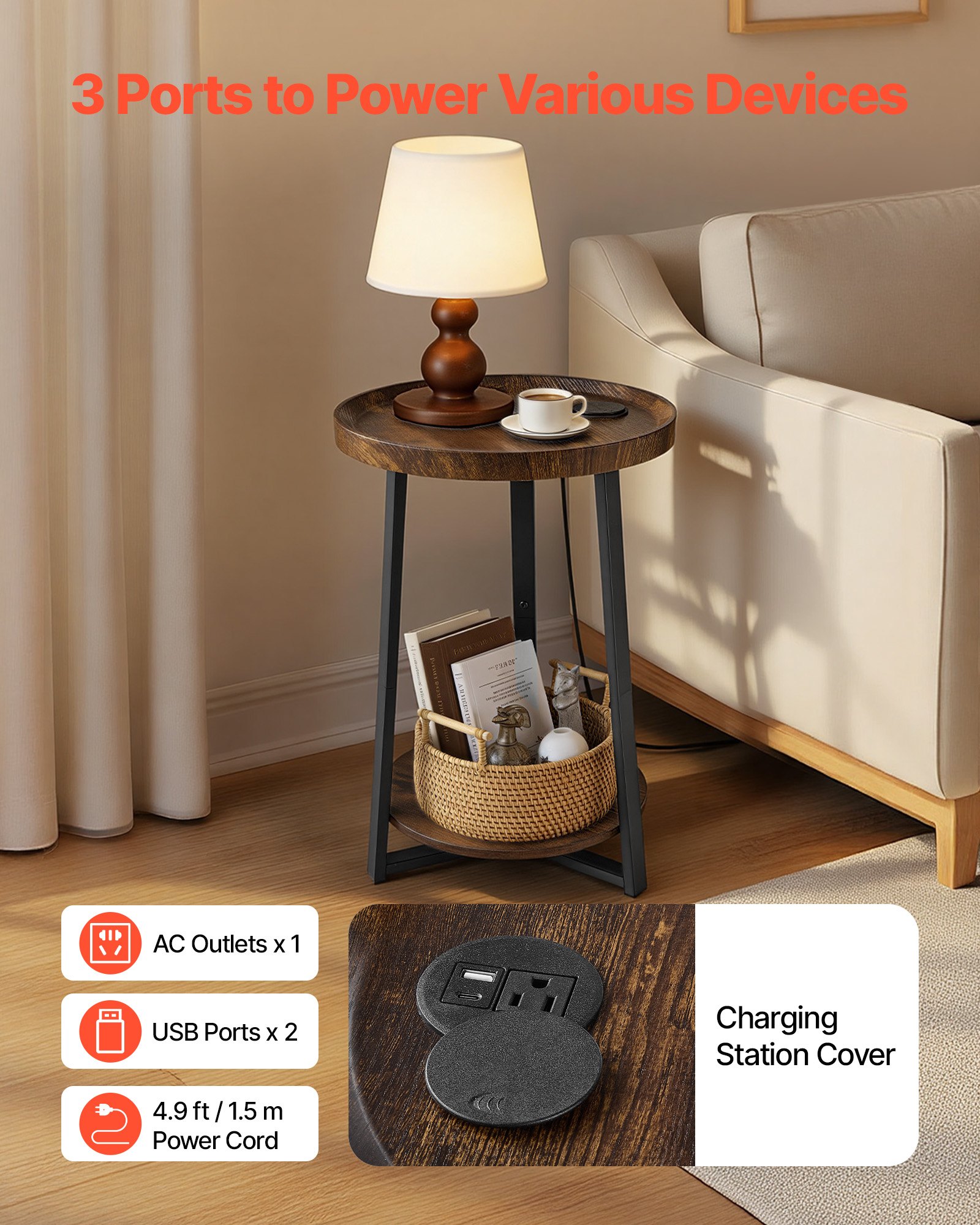 VEVOR End Table, 2-Tier Round Side Table with Open Storage Shelves, Modern Nightstand Bedside Desk with USB & AC Charging Port, Wood Sofa Coffee Desk for Living Room, Bedroom, Office, Dorm, Brown