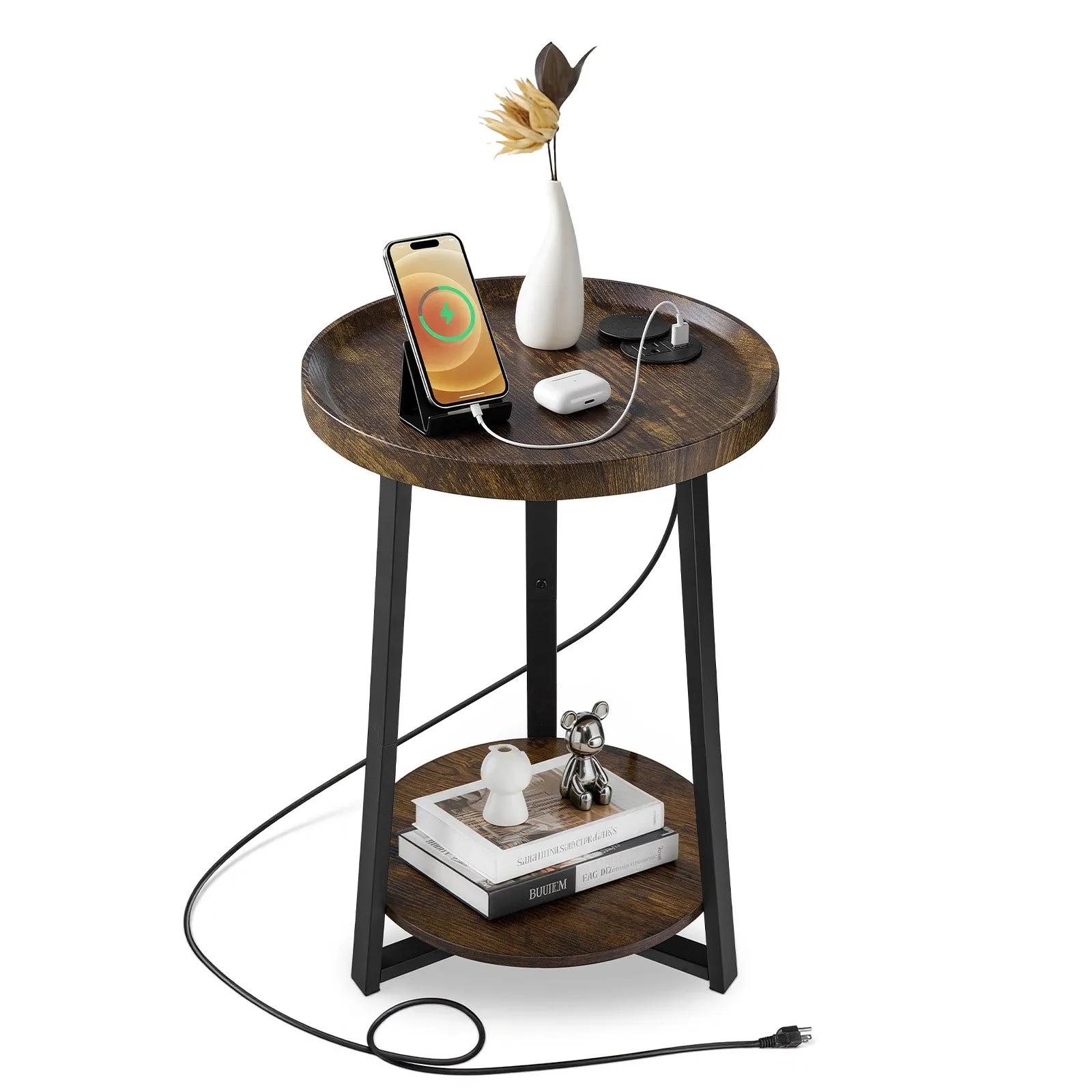 VEVOR End Table, 2-Tier Round Side Table with Open Storage Shelves, Modern Nightstand Bedside Desk with USB & AC Charging Port, Wood Sofa Coffee Desk for Living Room, Bedroom, Office, Dorm, Brown