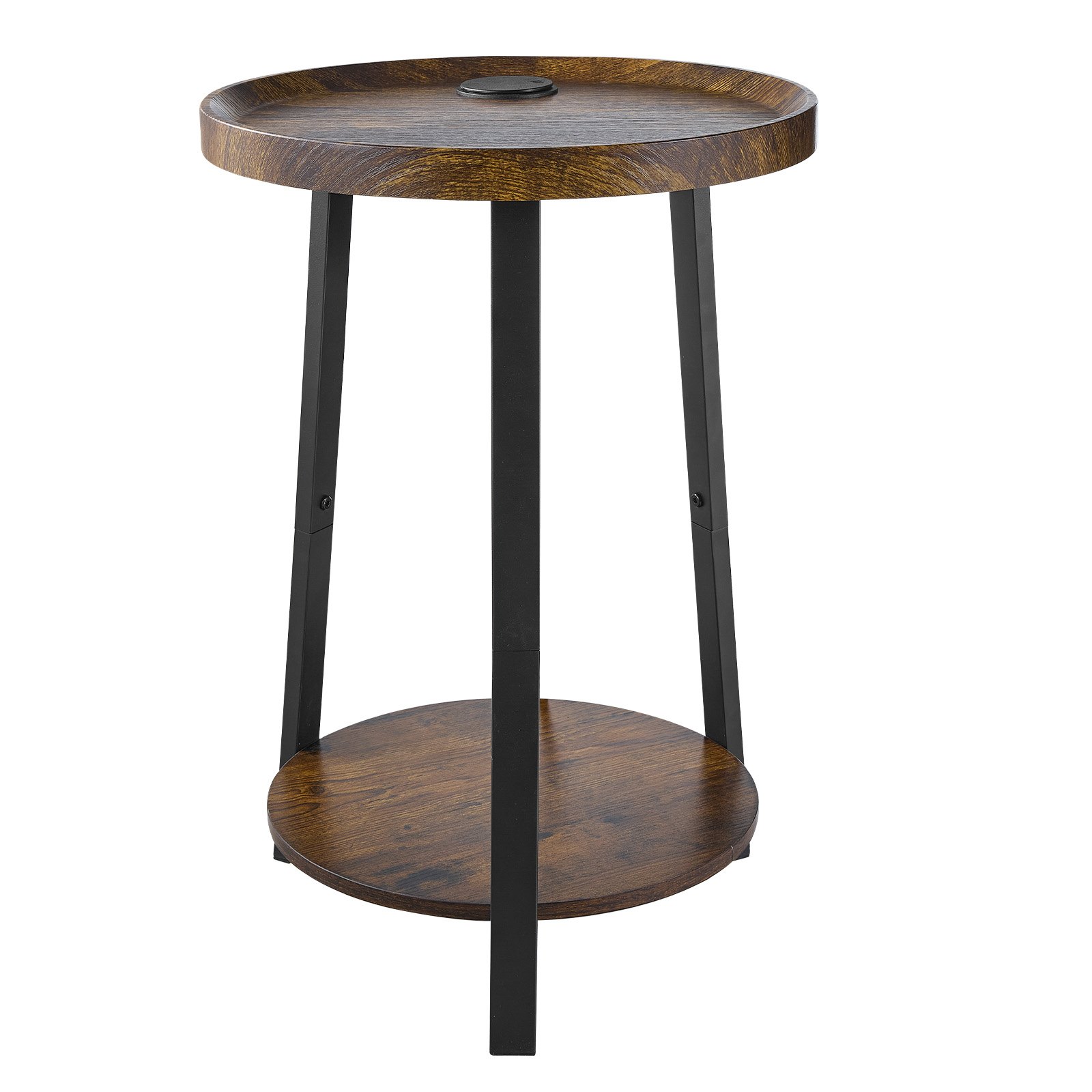 VEVOR End Table, 2-Tier Round Side Table with Open Storage Shelves, Modern Nightstand Bedside Desk with USB & AC Charging Port, Wood Sofa Coffee Desk for Living Room, Bedroom, Office, Dorm, Brown