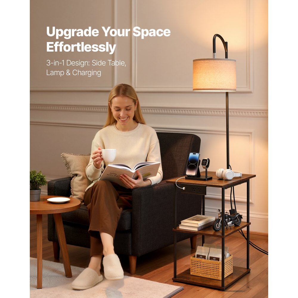 VEVOR Floor Lamp with Table, Narrow 3-Tier End Table with Open Shelves & 3 Color Temperature Lighting, Side Nightstand Bedside Desk with USB & Type C & AC Charging Port for Living Room, Bedroom, Dorm