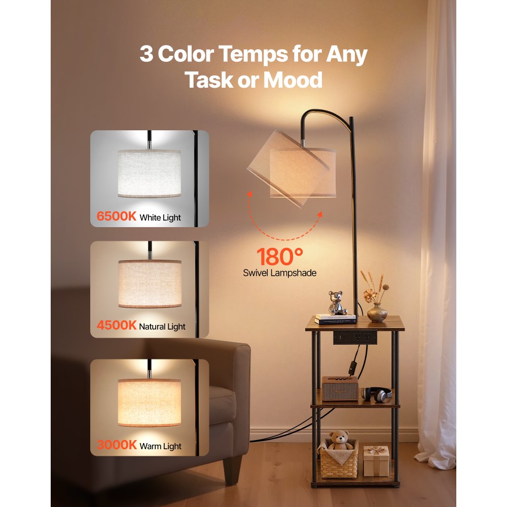 VEVOR Floor Lamp with Table, Narrow 3-Tier End Table with Open Shelves & 3 Color Temperature Lighting, Side Nightstand Bedside Desk with USB & Type C & AC Charging Port for Living Room, Bedroom, Dorm