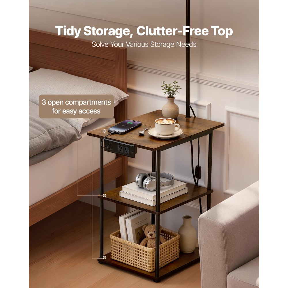 VEVOR Floor Lamp with Table, Narrow 3-Tier End Table with Open Shelves & 3 Color Temperature Lighting, Side Nightstand Bedside Desk with USB & Type C & AC Charging Port for Living Room, Bedroom, Dorm