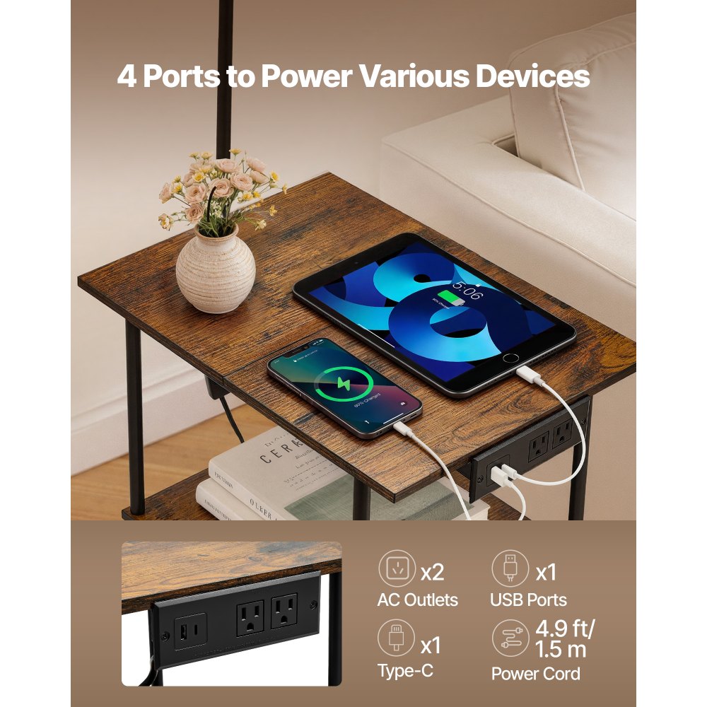 VEVOR Floor Lamp with Table, Narrow 3-Tier End Table with Open Shelves & 3 Color Temperature Lighting, Side Nightstand Bedside Desk with USB & Type C & AC Charging Port for Living Room, Bedroom, Dorm