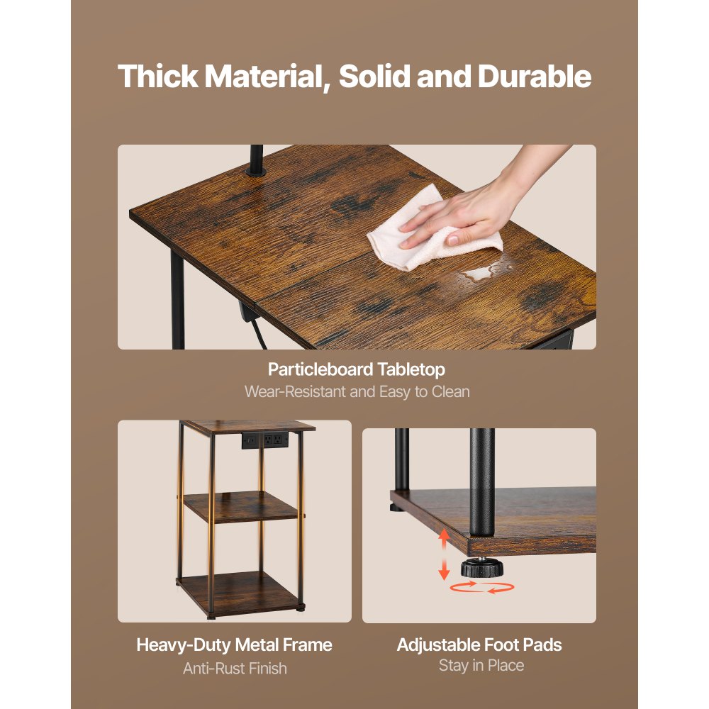 VEVOR Floor Lamp with Table, Narrow 3-Tier End Table with Open Shelves & 3 Color Temperature Lighting, Side Nightstand Bedside Desk with USB & Type C & AC Charging Port for Living Room, Bedroom, Dorm