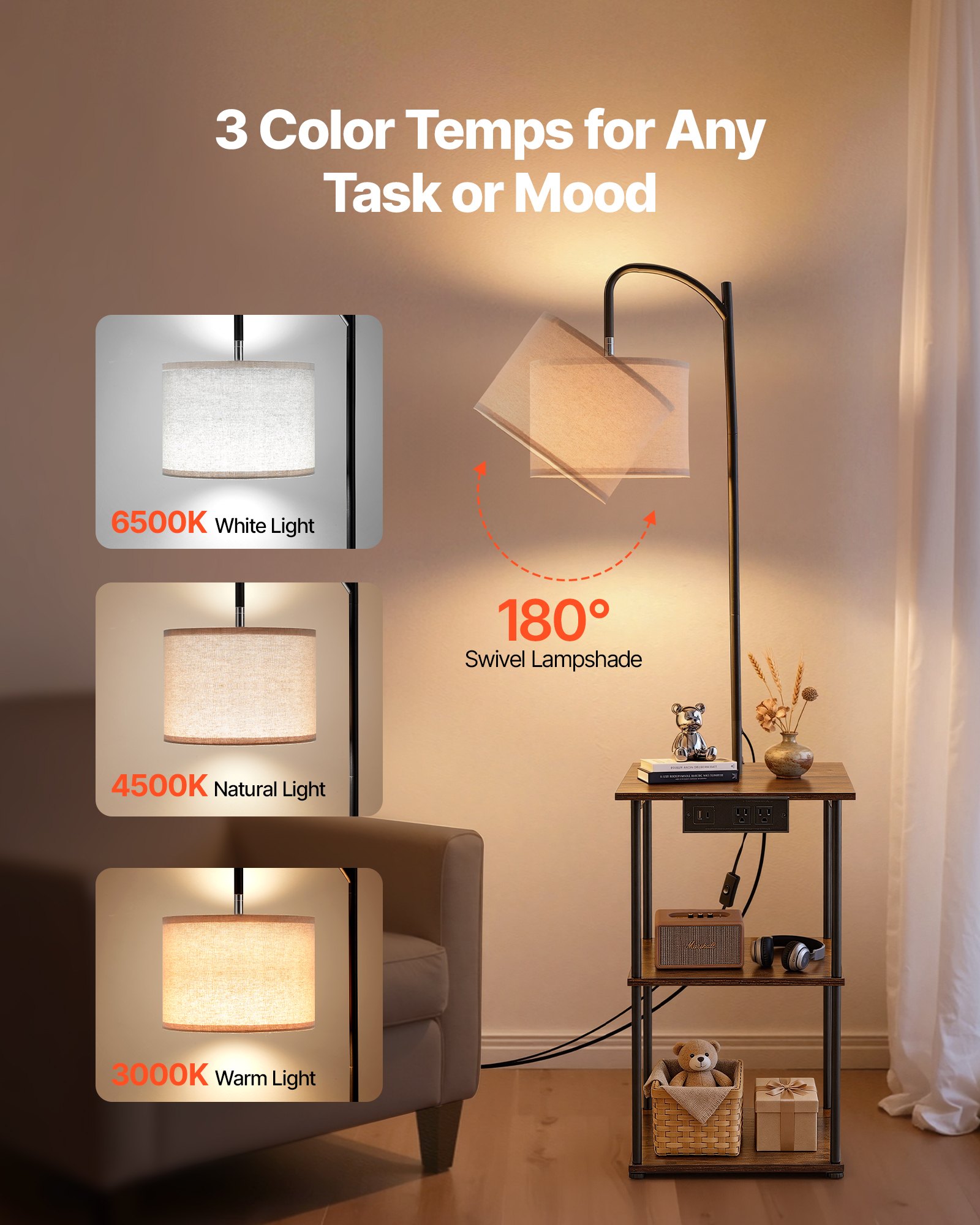 VEVOR Floor Lamp with Table, Narrow 3-Tier End Table with Open Shelves & 3 Color Temperature Lighting, Side Nightstand Bedside Desk with USB & Type C & AC Charging Port for Living Room, Bedroom, Dorm