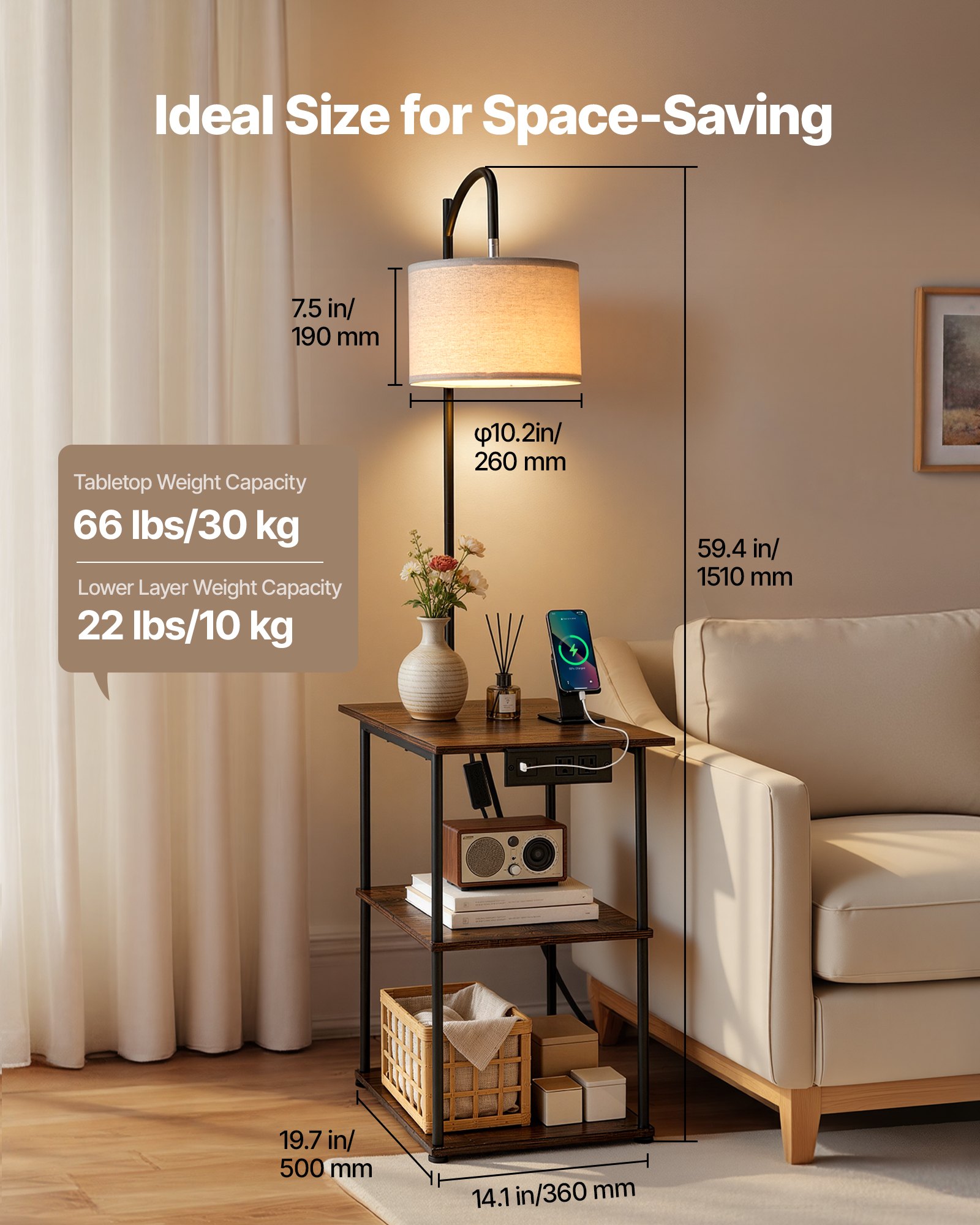 VEVOR Floor Lamp with Table, Narrow 3-Tier End Table with Open Shelves & 3 Color Temperature Lighting, Side Nightstand Bedside Desk with USB & Type C & AC Charging Port for Living Room, Bedroom, Dorm