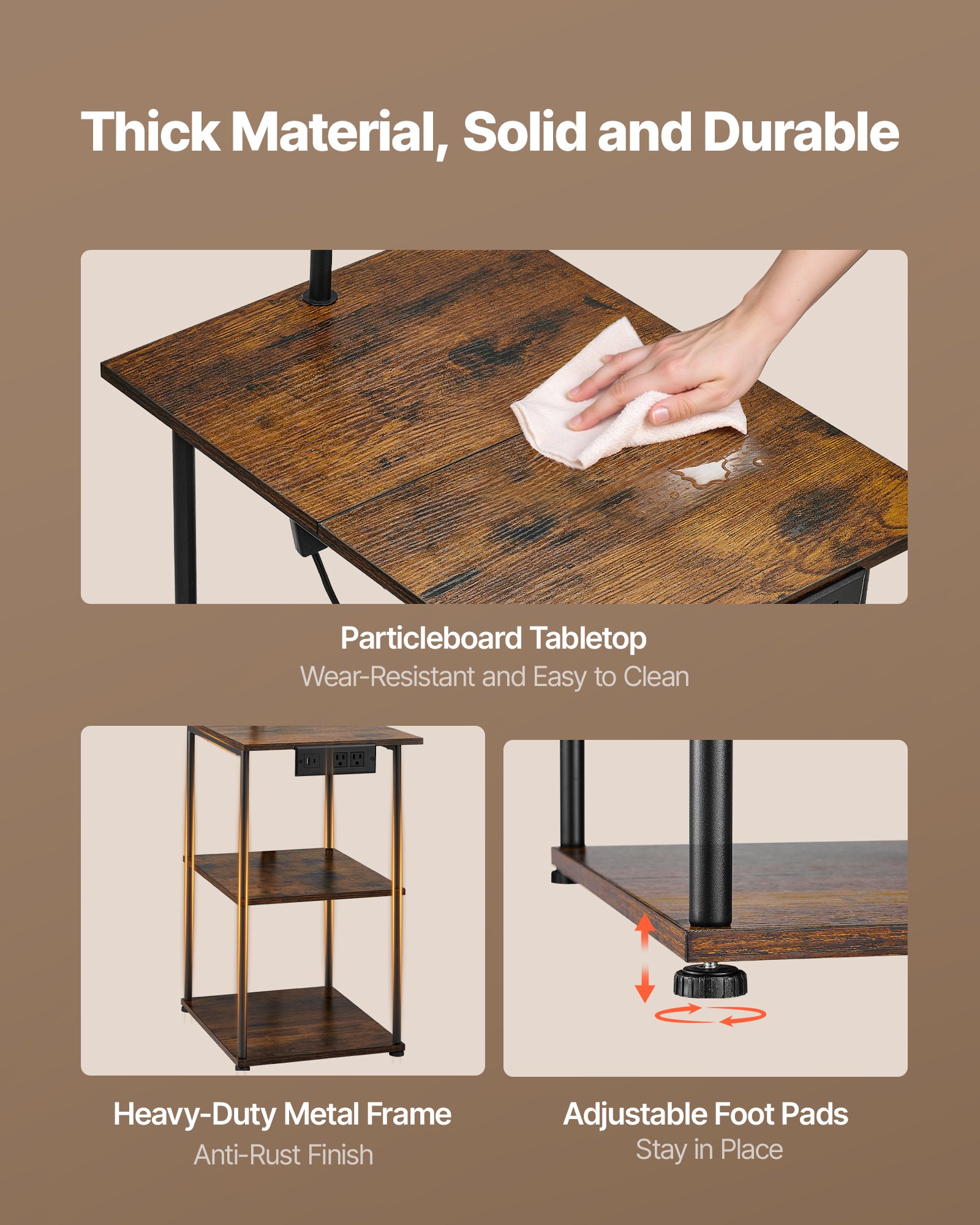 VEVOR Floor Lamp with Table, Narrow 3-Tier End Table with Open Shelves & 3 Color Temperature Lighting, Side Nightstand Bedside Desk with USB & Type C & AC Charging Port for Living Room, Bedroom, Dorm