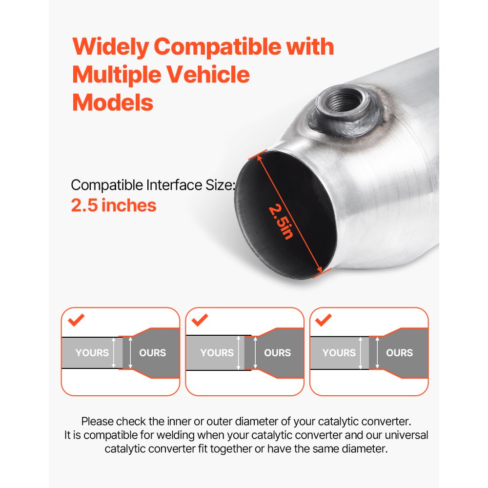 VEVOR Universal Catalytic Converter, 2.5 Inch Inlet/Outlet, 2 Pack High Flow Car Catalytic Converter with O2 Port, Direct Replacement, Stainless Steel Material, for Quick Exhaust Gas Purification