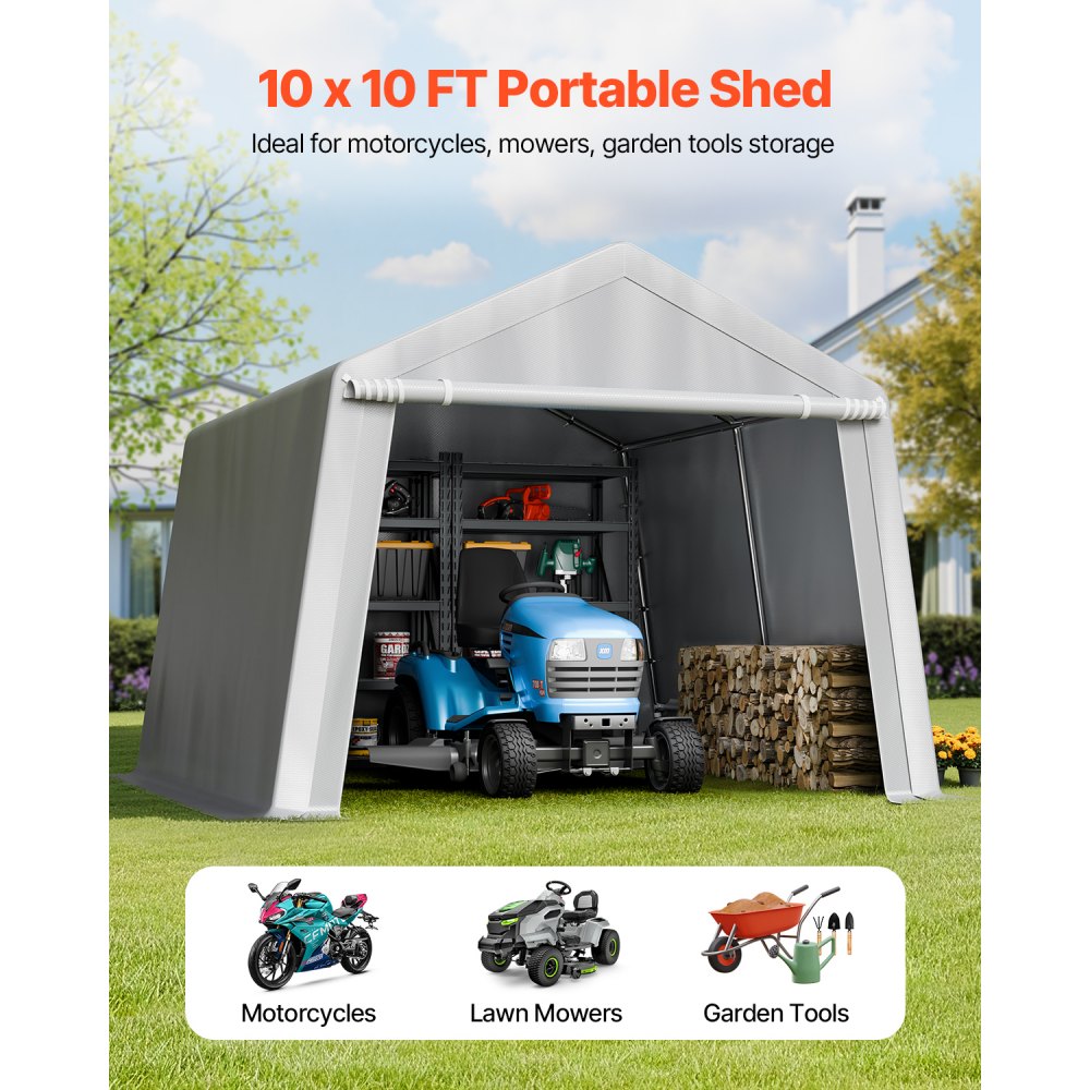 VEVOR Outdoor Storage Shed, 10 x 10 ft Portable Storage Tent with Roll-up Door, Waterproof Canopy Shed Shelter, Heavy Duty Frame, Patio Garage Carport for Motorcycle, Lawn Mower, Bike, Grey