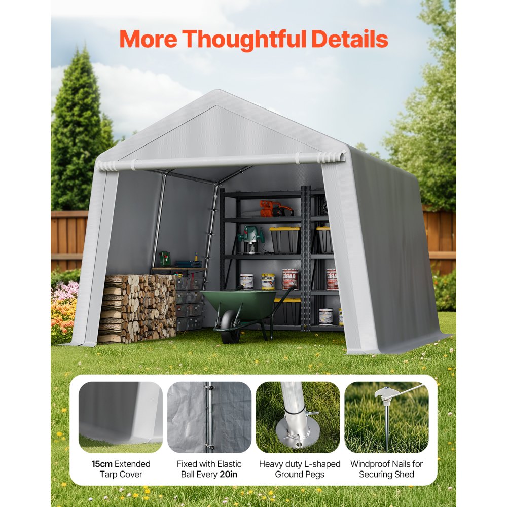 VEVOR Outdoor Storage Shed, 10 x 10 ft Portable Storage Tent with Roll-up Door, Waterproof Canopy Shed Shelter, Heavy Duty Frame, Patio Garage Carport for Motorcycle, Lawn Mower, Bike, Grey