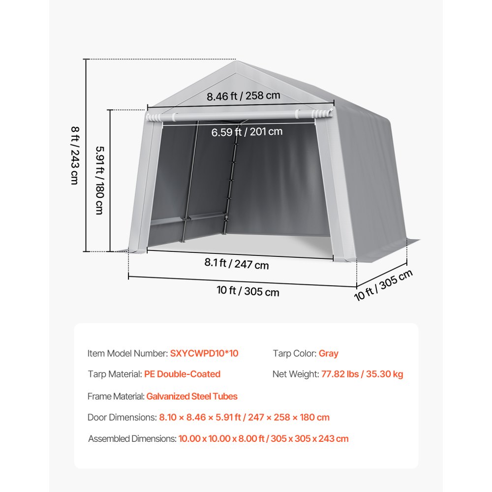 VEVOR Outdoor Storage Shed, 10 x 10 ft Portable Storage Tent with Roll-up Door, Waterproof Canopy Shed Shelter, Heavy Duty Frame, Patio Garage Carport for Motorcycle, Lawn Mower, Bike, Grey