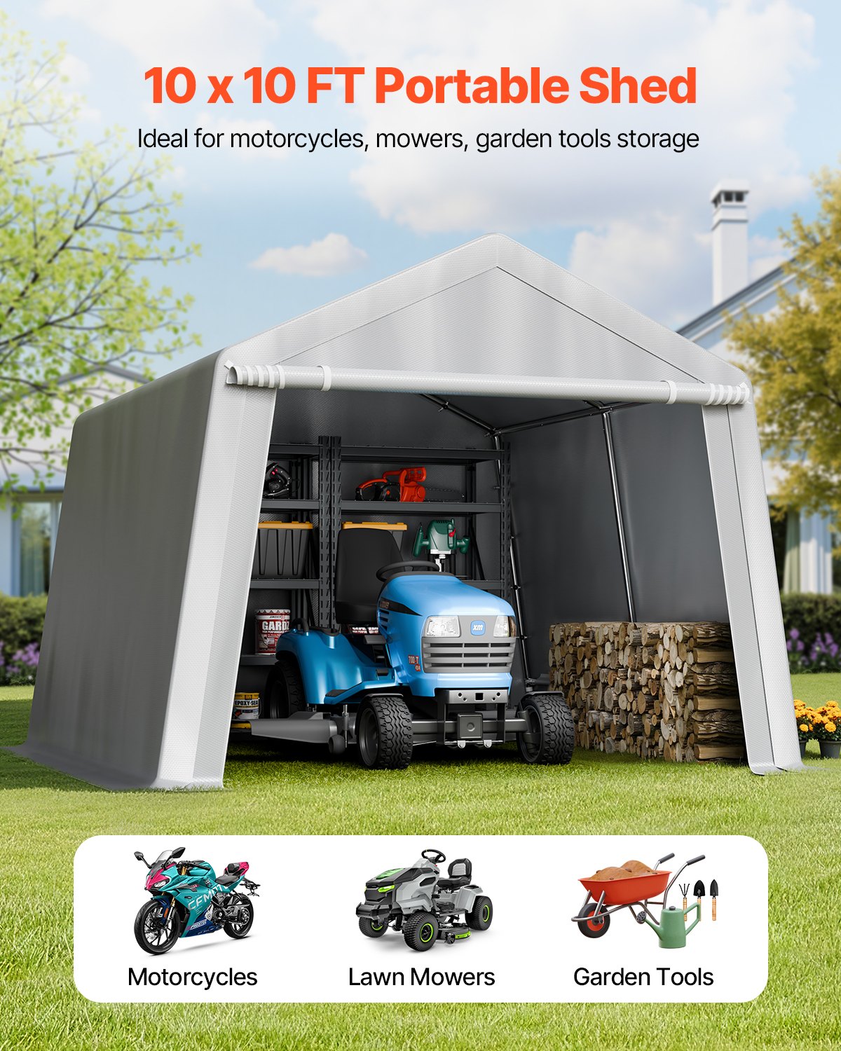 VEVOR Outdoor Storage Shed, 10 x 10 ft Portable Storage Tent with Roll-up Door, Waterproof Canopy Shed Shelter, Heavy Duty Frame, Patio Garage Carport for Motorcycle, Lawn Mower, Bike, Grey