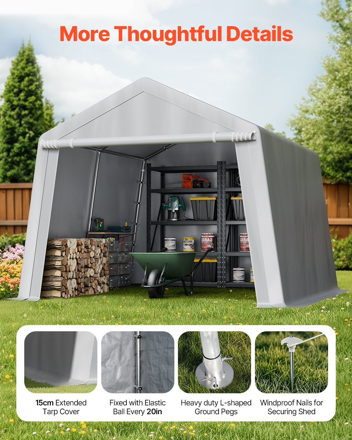 VEVOR Outdoor Storage Shed, 10 x 10 ft Portable Storage Tent with Roll-up Door, Waterproof Canopy Shed Shelter, Heavy Duty Frame, Patio Garage Carport for Motorcycle, Lawn Mower, Bike, Grey