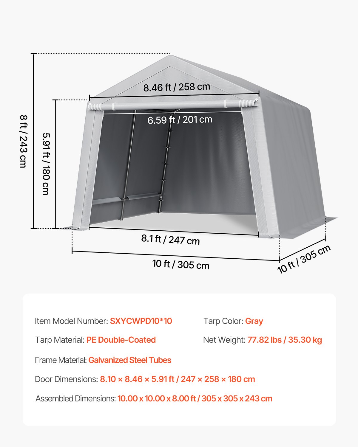 VEVOR Outdoor Storage Shed, 10 x 10 ft Portable Storage Tent with Roll-up Door, Waterproof Canopy Shed Shelter, Heavy Duty Frame, Patio Garage Carport for Motorcycle, Lawn Mower, Bike, Grey