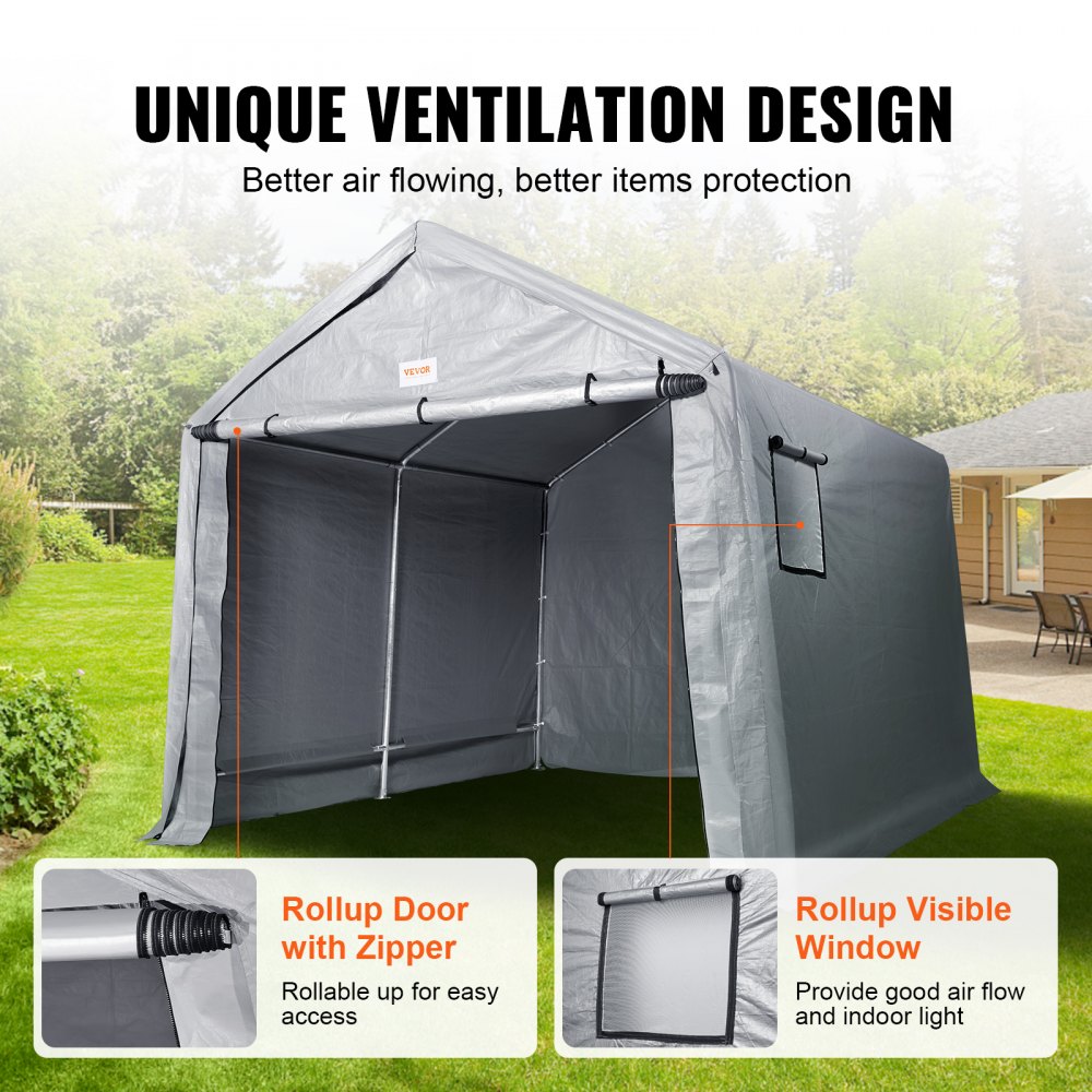 VEVOR Compact Outdoor Shelter, 10x10x8.5 ft Durable Season-Long Storage Tent with Easy Access Zip Door and Airy Windows for Bikes, Motorcycles, and Garden Equipment