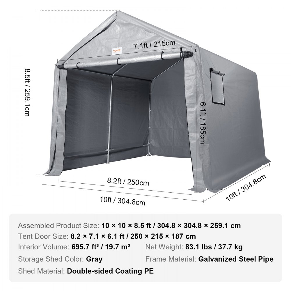 VEVOR Compact Outdoor Shelter, 10x10x8.5 ft Durable Season-Long Storage Tent with Easy Access Zip Door and Airy Windows for Bikes, Motorcycles, and Garden Equipment