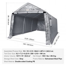 VEVOR Outdoor Portable Storage Shelter Shed, 3.05x4.57x2.44m Heavy Duty All-Season Instant Garage Tent Canopy Carport with Roll-up Zipper Door and Ventilated Windows For Cars, Motorcycle, Bike