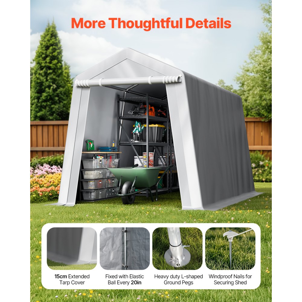 VEVOR Outdoor Storage Shed, 7 x 12 ft Portable Storage Tent with Roll-up Door, Waterproof Canopy Shed Shelter, Heavy Duty Frame, Patio Garage Carport for Motorcycle, Lawn Mower, Bike, Grey