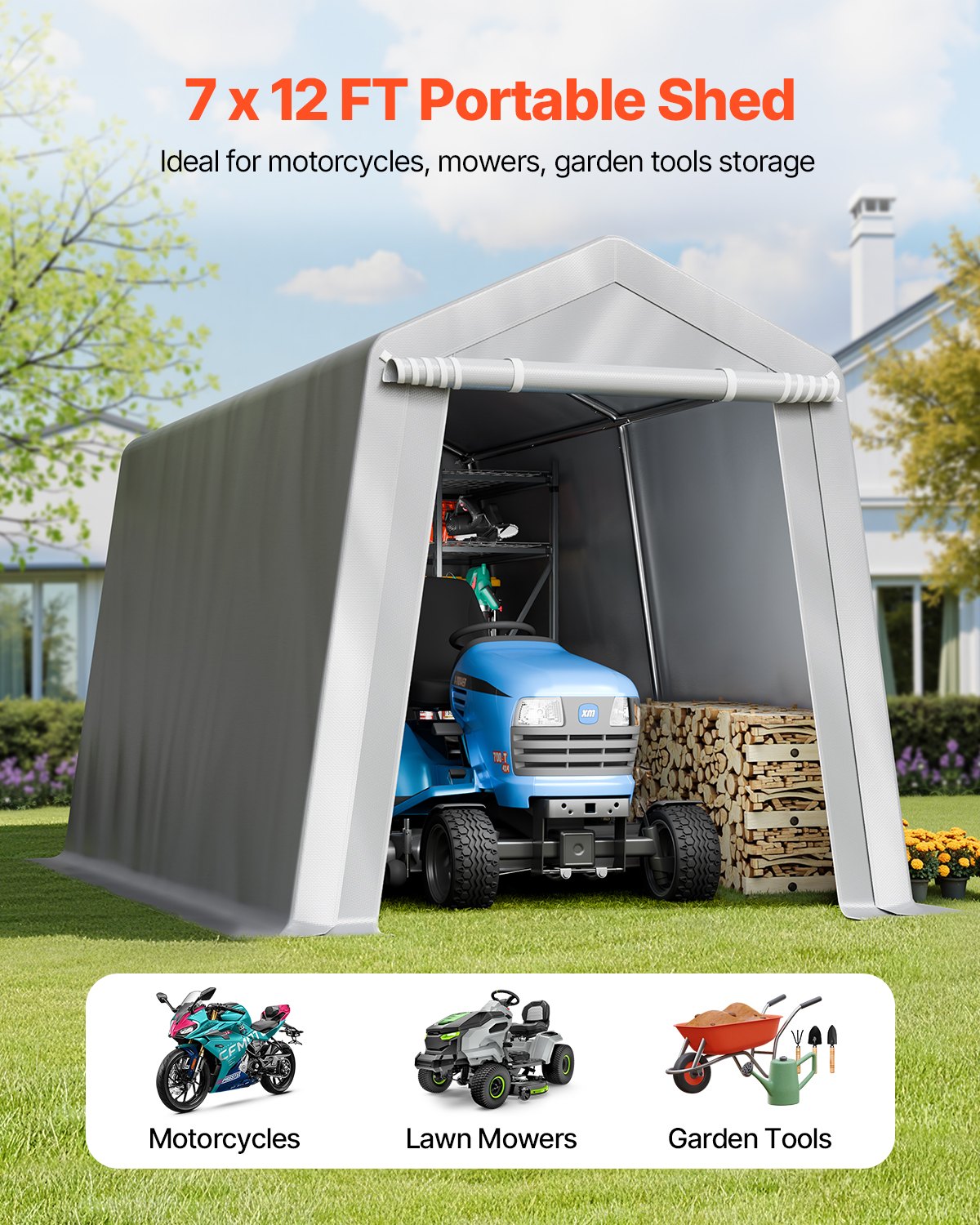 VEVOR Outdoor Storage Shed, 7 x 12 ft Portable Storage Tent with Roll-up Door, Waterproof Canopy Shed Shelter, Heavy Duty Frame, Patio Garage Carport for Motorcycle, Lawn Mower, Bike, Grey