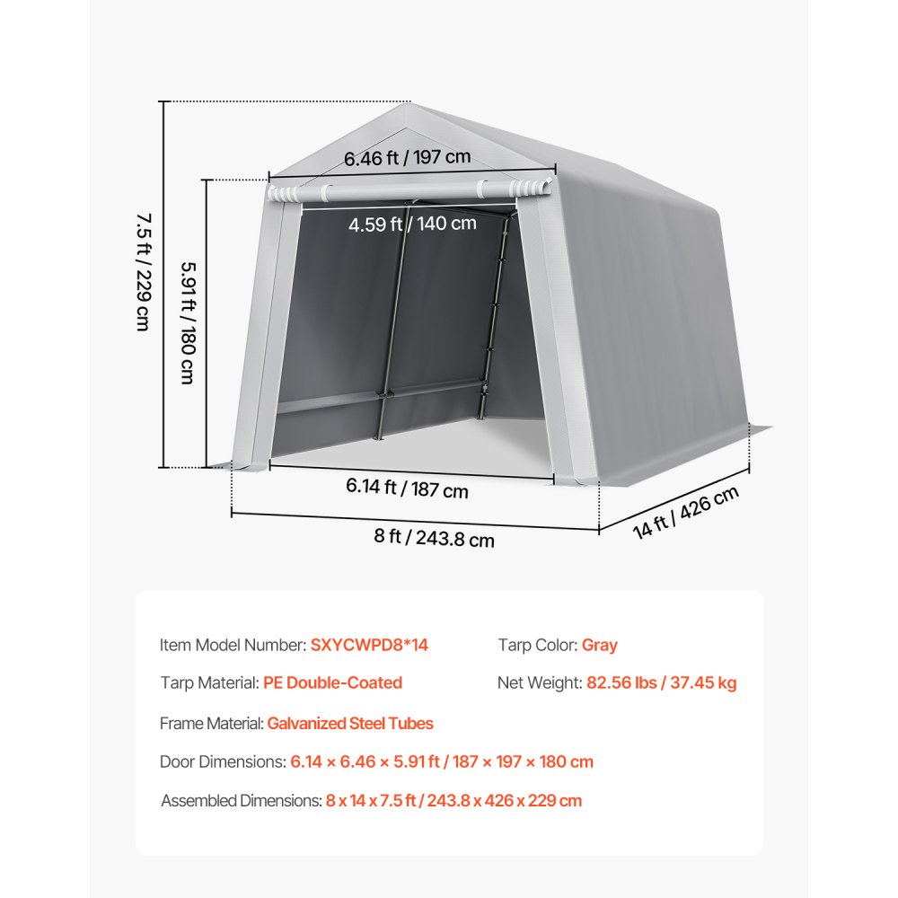 VEVOR Outdoor Storage Shed, 8 x 14 ft Portable Storage Tent with Roll-up Door & Vents, Waterproof Canopy Shed Shelter, Heavy Duty Frame, Patio Garage Carport for Motorcycle, Lawn Mower, Bike, Grey
