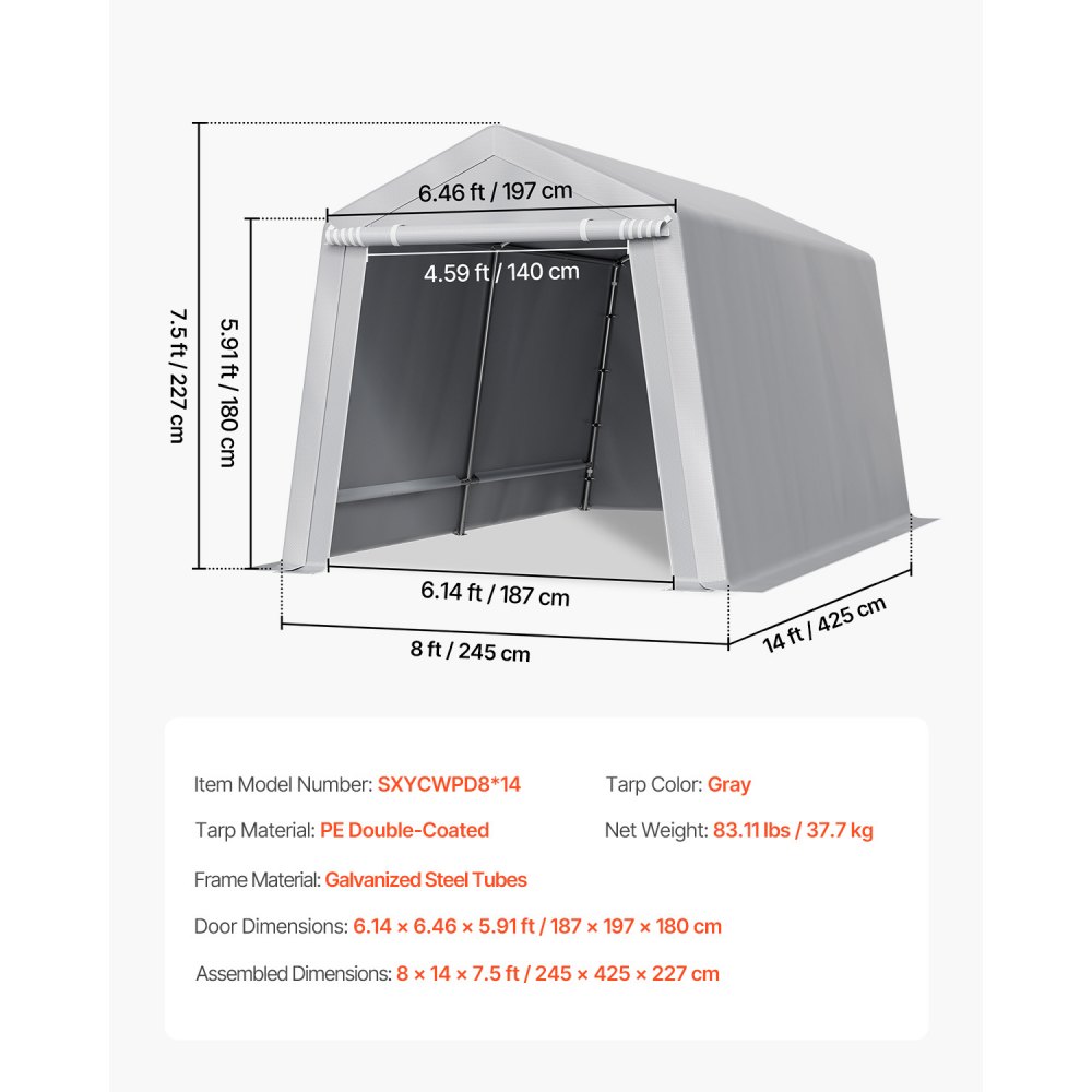 VEVOR Outdoor Storage Shed, 8 x 14 ft Portable Storage Tent with Roll-up Door & Vents, Waterproof Canopy Shed Shelter, Heavy Duty Frame, Patio Garage Carport for Motorcycle, Lawn Mower, Bike, Grey