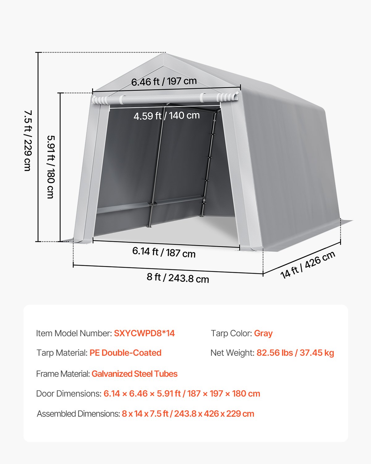 VEVOR Outdoor Storage Shed, 8 x 14 ft Portable Storage Tent with Roll-up Door & Vents, Waterproof Canopy Shed Shelter, Heavy Duty Frame, Patio Garage Carport for Motorcycle, Lawn Mower, Bike, Grey