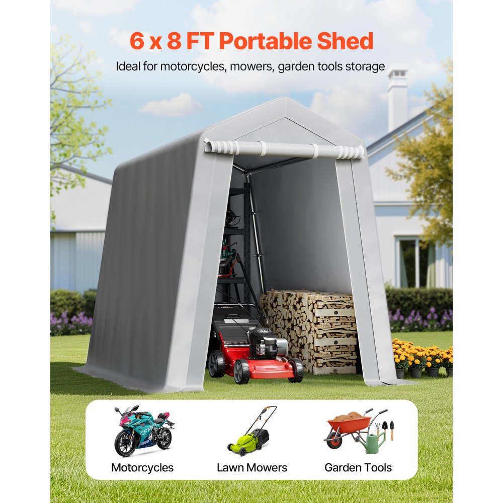 VEVOR Outdoor Storage Shed, 6 x 8 ft Portable Storage Tent with Roll-up Door & Vents, Waterproof Canopy Shed Shelter, Heavy Duty Frame, Patio Garage Carport for Motorcycle, Lawn Mower, Bike, Grey