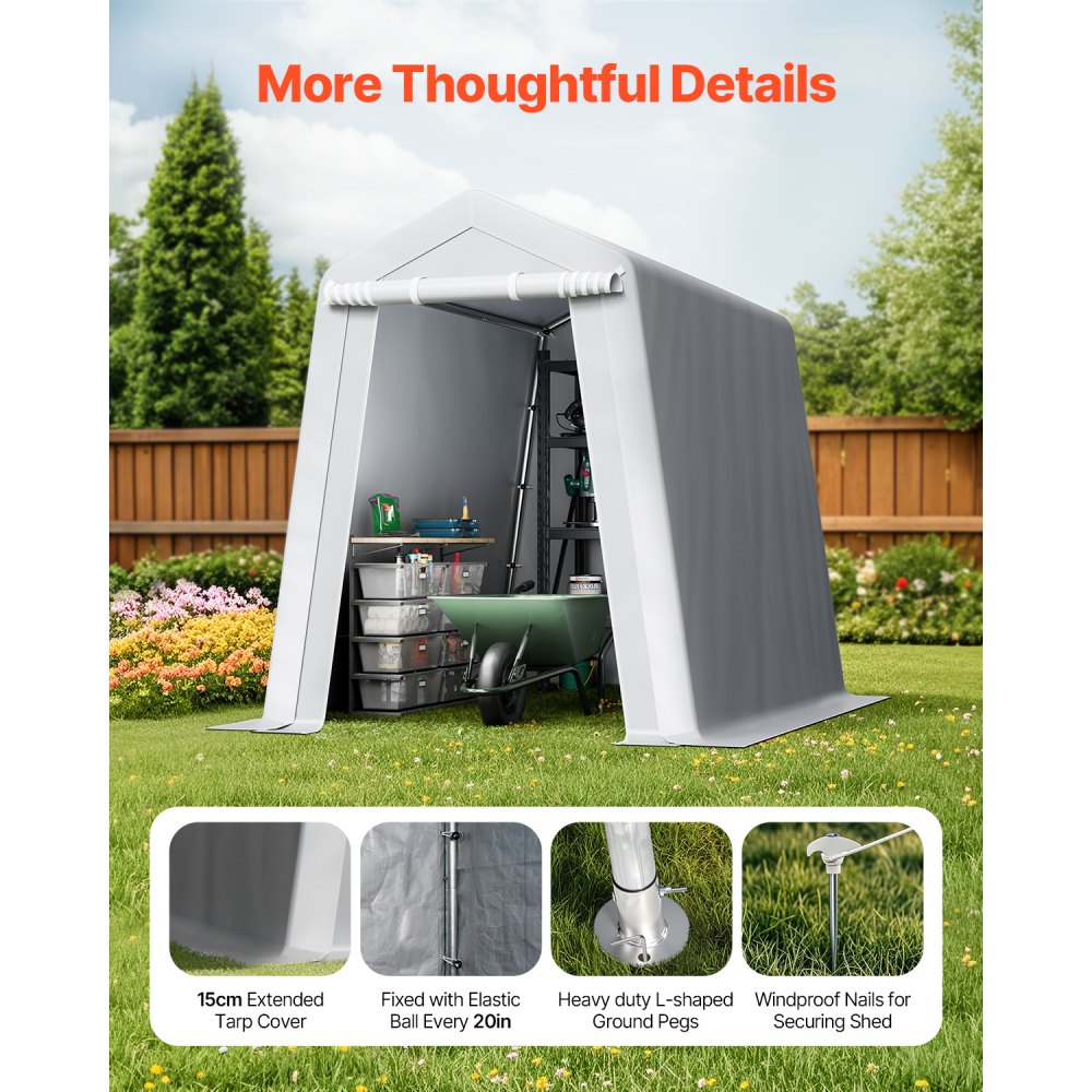 VEVOR Outdoor Storage Shed, 6 x 8 ft Portable Storage Tent with Roll-up Door & Vents, Waterproof Canopy Shed Shelter, Heavy Duty Frame, Patio Garage Carport for Motorcycle, Lawn Mower, Bike, Grey