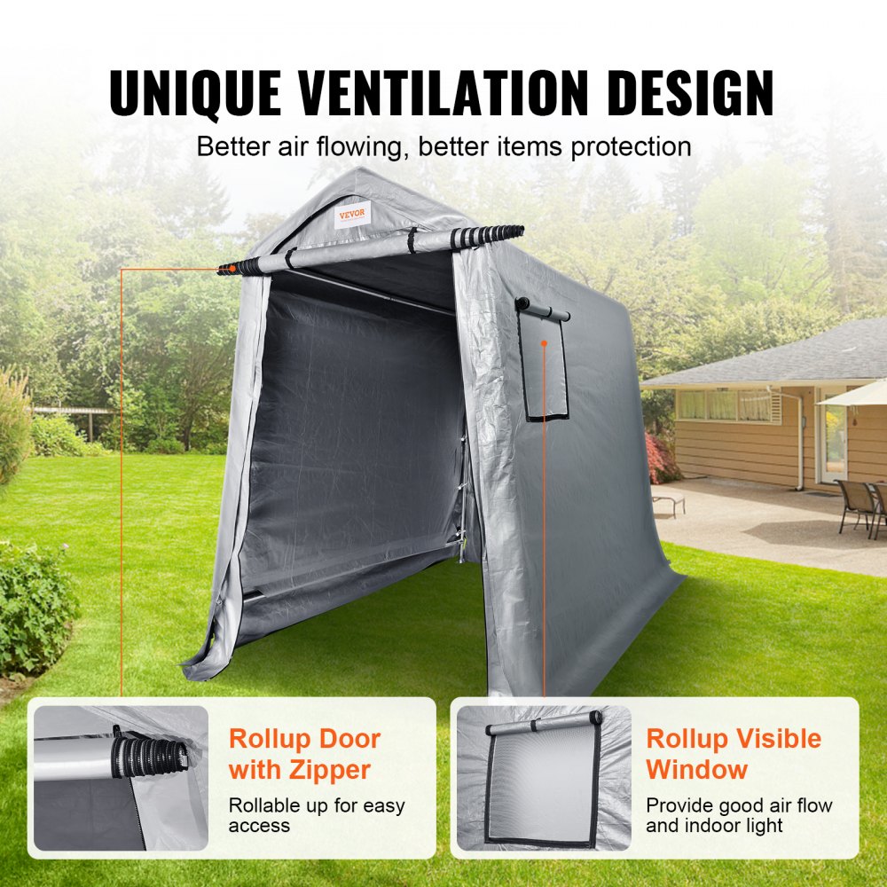 VEVOR Outdoor Storage Shed, 6 x 8 ft Portable Storage Tent with Roll-up Door & Vents, Waterproof Canopy Shed Shelter, Heavy Duty Frame, Patio Garage Carport for Motorcycle, Lawn Mower, Bike, Grey