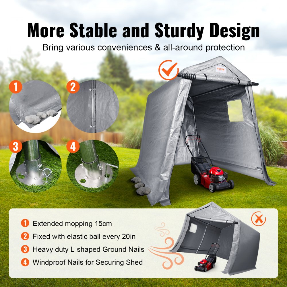 VEVOR Outdoor Storage Shed, 6 x 8 ft Portable Storage Tent with Roll-up Door & Vents, Waterproof Canopy Shed Shelter, Heavy Duty Frame, Patio Garage Carport for Motorcycle, Lawn Mower, Bike, Grey
