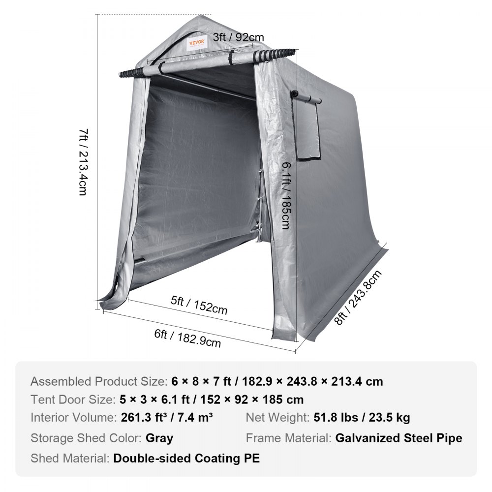 VEVOR Outdoor Storage Shed, 6 x 8 ft Portable Storage Tent with Roll-up Door & Vents, Waterproof Canopy Shed Shelter, Heavy Duty Frame, Patio Garage Carport for Motorcycle, Lawn Mower, Bike, Grey