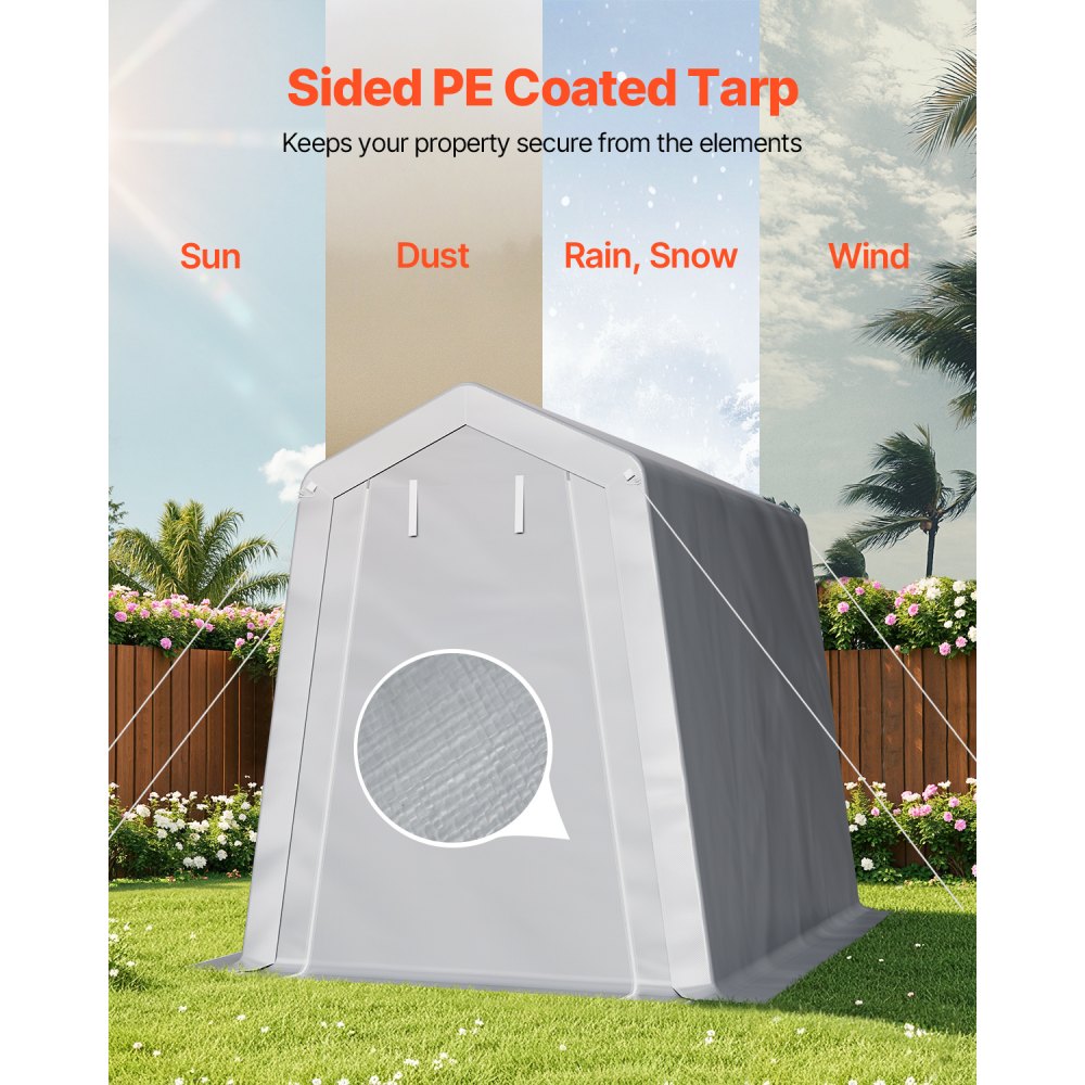 VEVOR Outdoor Storage Shed, 6 x 8 ft Portable Storage Tent with Roll-up Door & Vents, Waterproof Canopy Shed Shelter, Heavy Duty Frame, Patio Garage Carport for Motorcycle, Lawn Mower, Bike, Grey