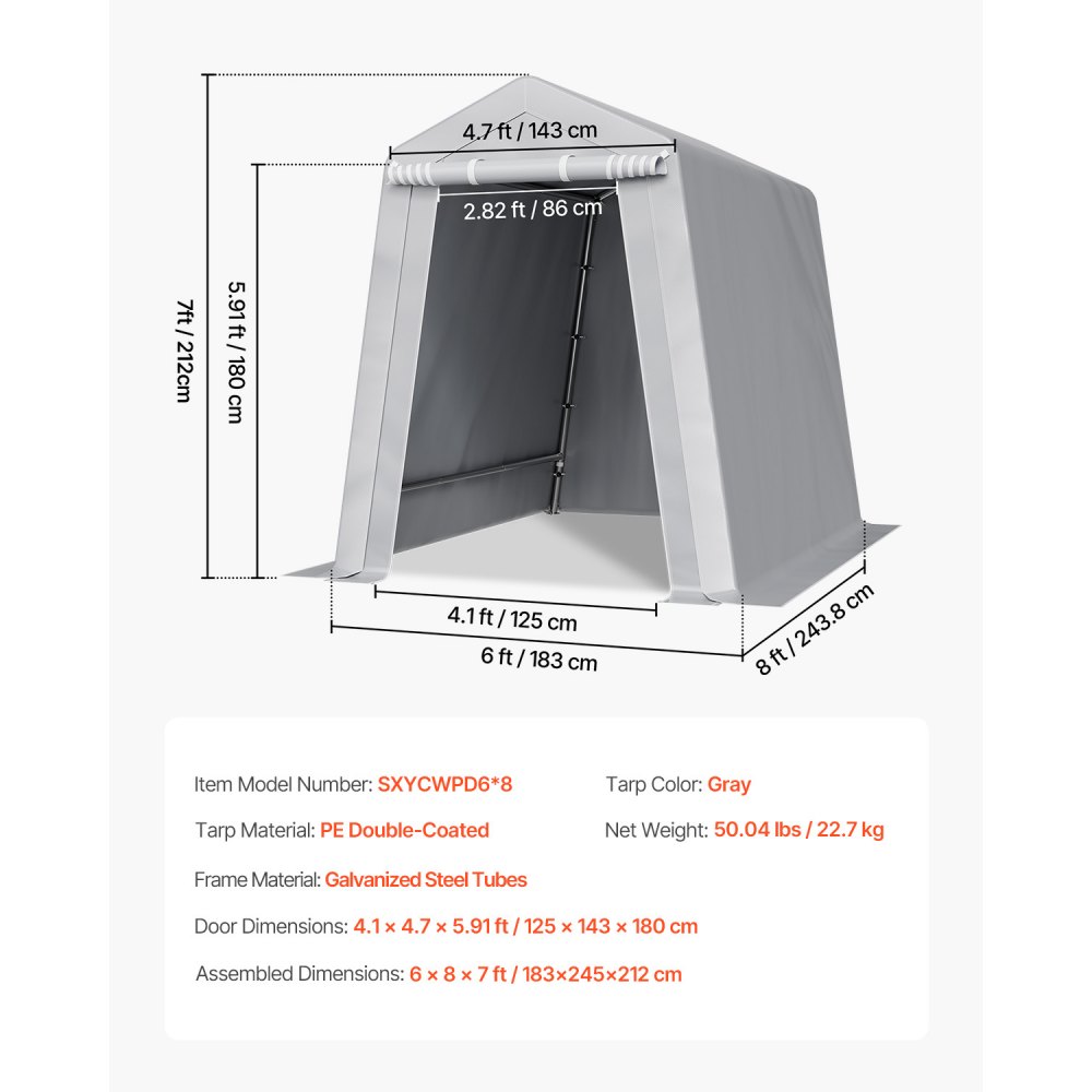VEVOR Outdoor Storage Shed, 6 x 8 ft Portable Storage Tent with Roll-up Door & Vents, Waterproof Canopy Shed Shelter, Heavy Duty Frame, Patio Garage Carport for Motorcycle, Lawn Mower, Bike, Grey