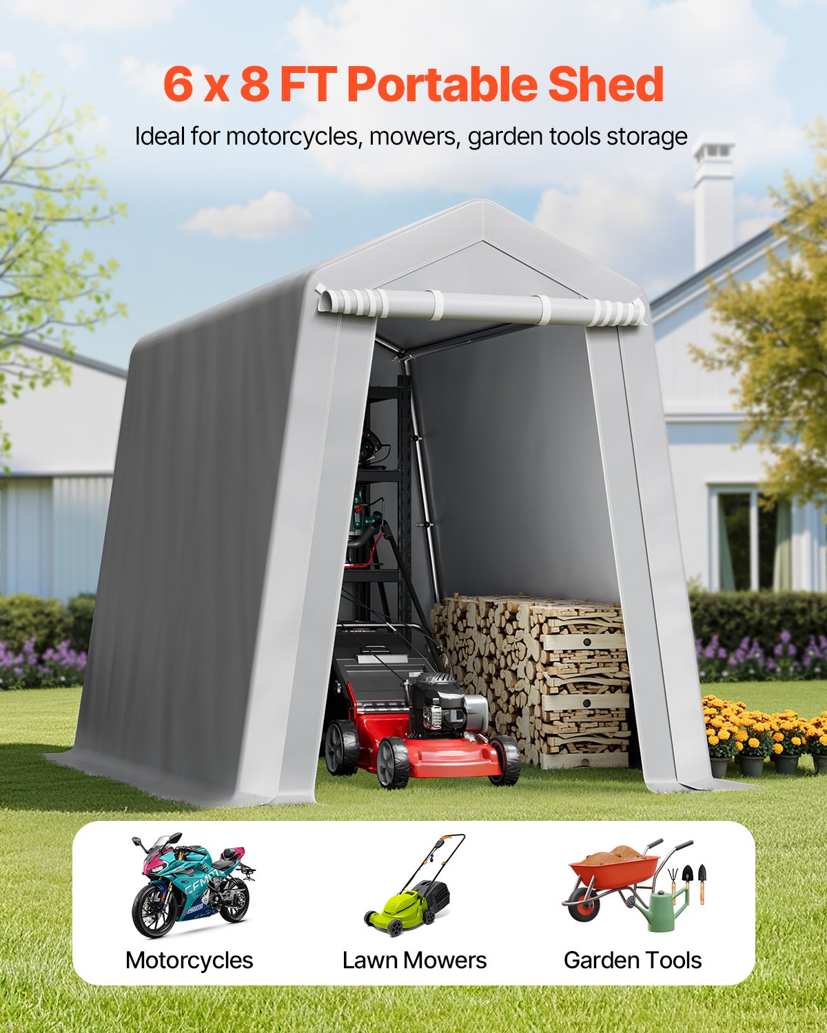 VEVOR Outdoor Storage Shed, 6 x 8 ft Portable Storage Tent with Roll-up Door & Vents, Waterproof Canopy Shed Shelter, Heavy Duty Frame, Patio Garage Carport for Motorcycle, Lawn Mower, Bike, Grey