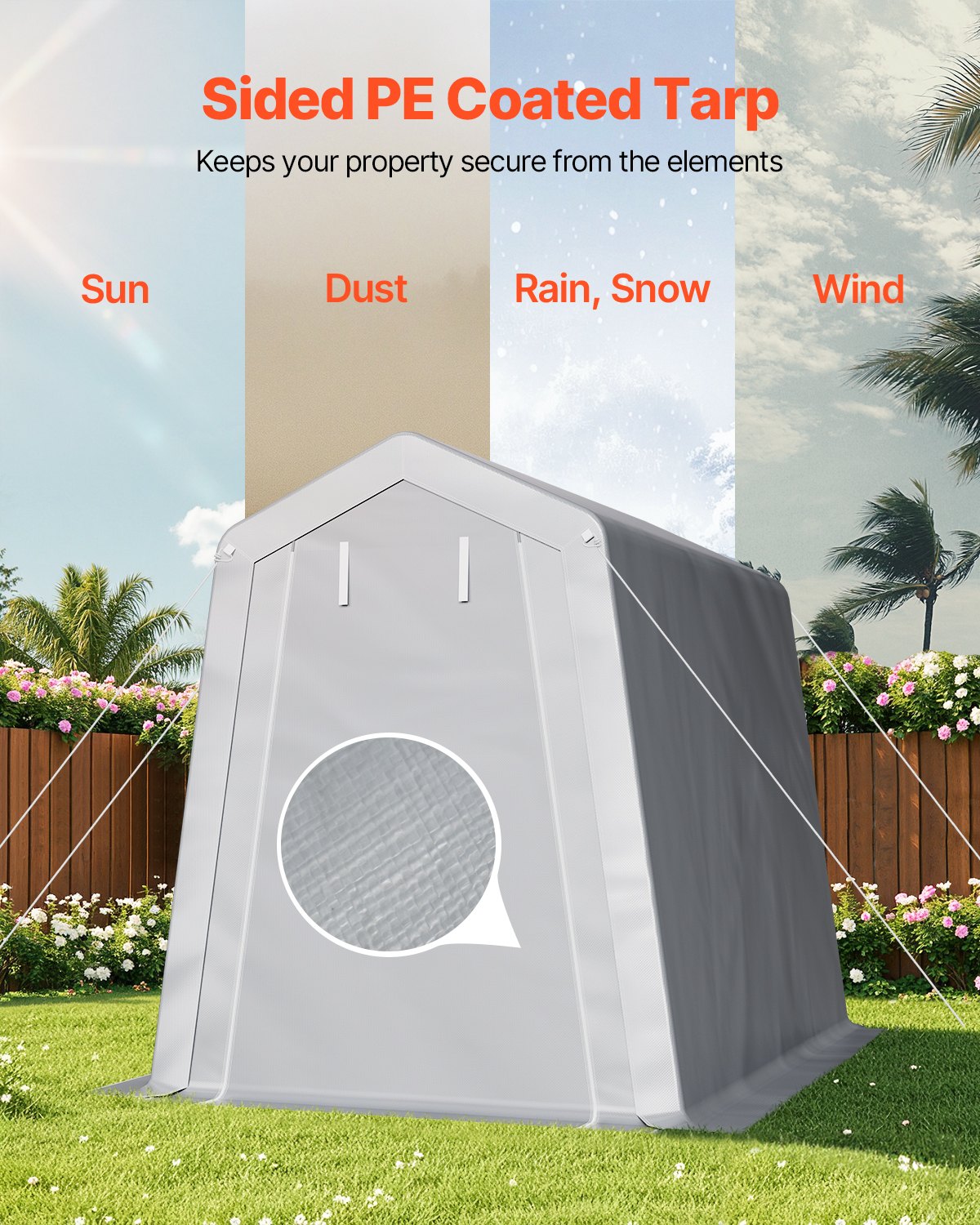 VEVOR Outdoor Storage Shed, 6 x 8 ft Portable Storage Tent with Roll-up Door & Vents, Waterproof Canopy Shed Shelter, Heavy Duty Frame, Patio Garage Carport for Motorcycle, Lawn Mower, Bike, Grey