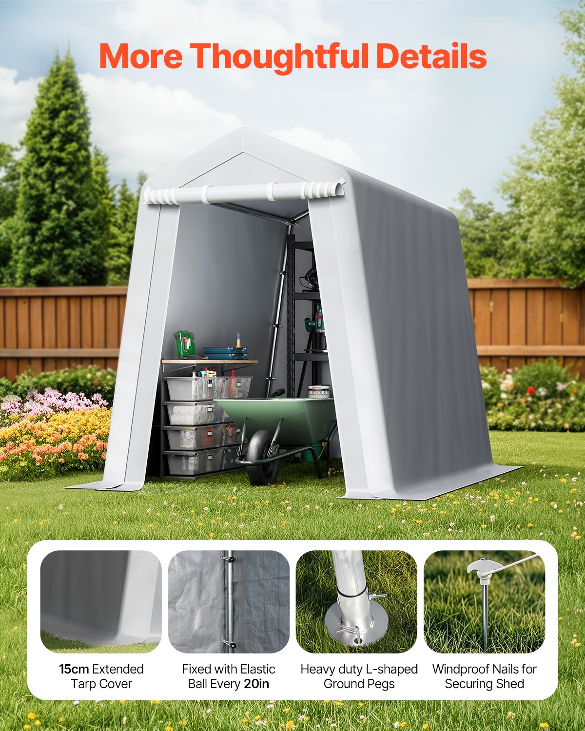 VEVOR Outdoor Storage Shed, 6 x 8 ft Portable Storage Tent with Roll-up Door & Vents, Waterproof Canopy Shed Shelter, Heavy Duty Frame, Patio Garage Carport for Motorcycle, Lawn Mower, Bike, Grey