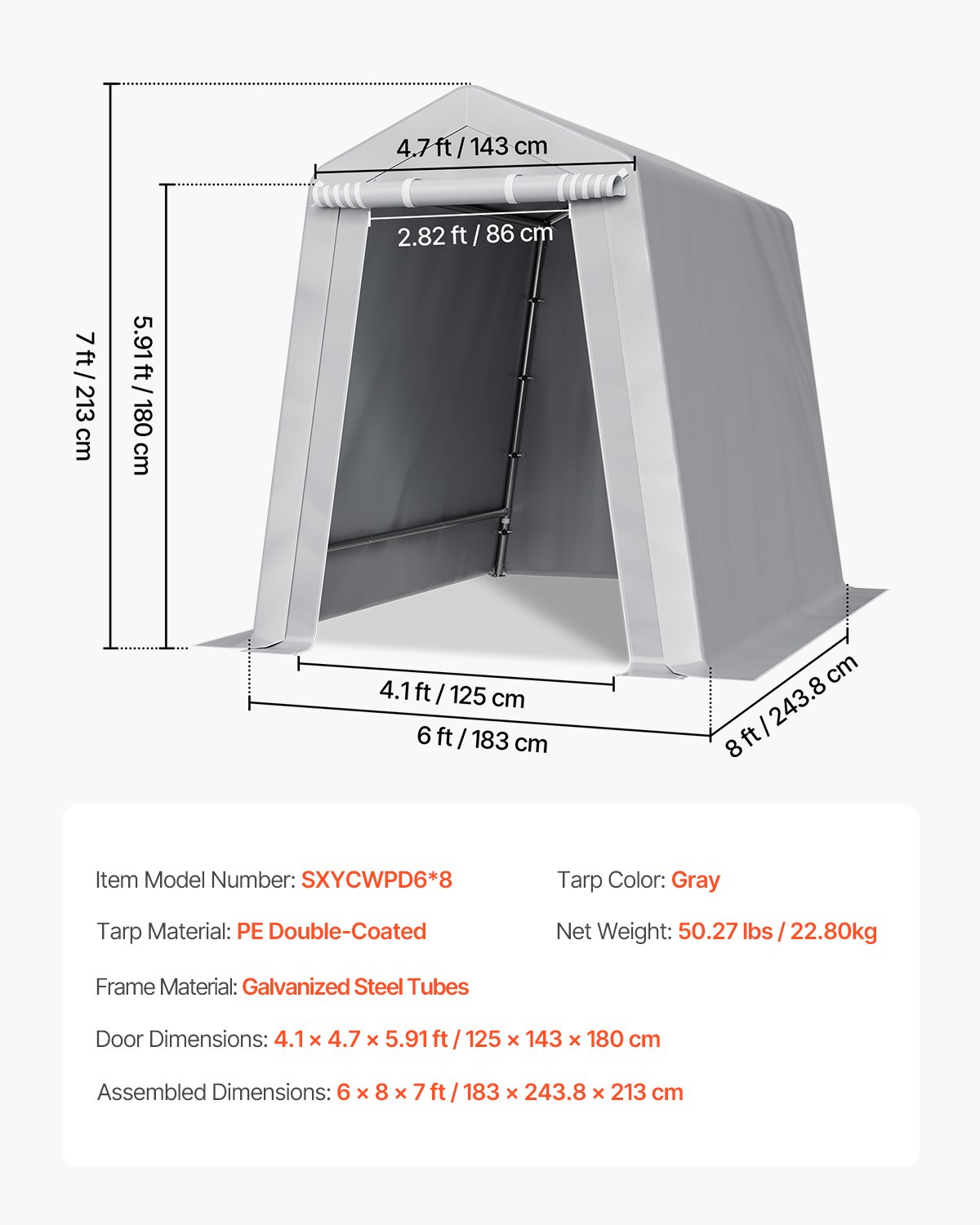 VEVOR Outdoor Storage Shed, 6 x 8 ft Portable Storage Tent with Roll-up Door & Vents, Waterproof Canopy Shed Shelter, Heavy Duty Frame, Patio Garage Carport for Motorcycle, Lawn Mower, Bike, Grey