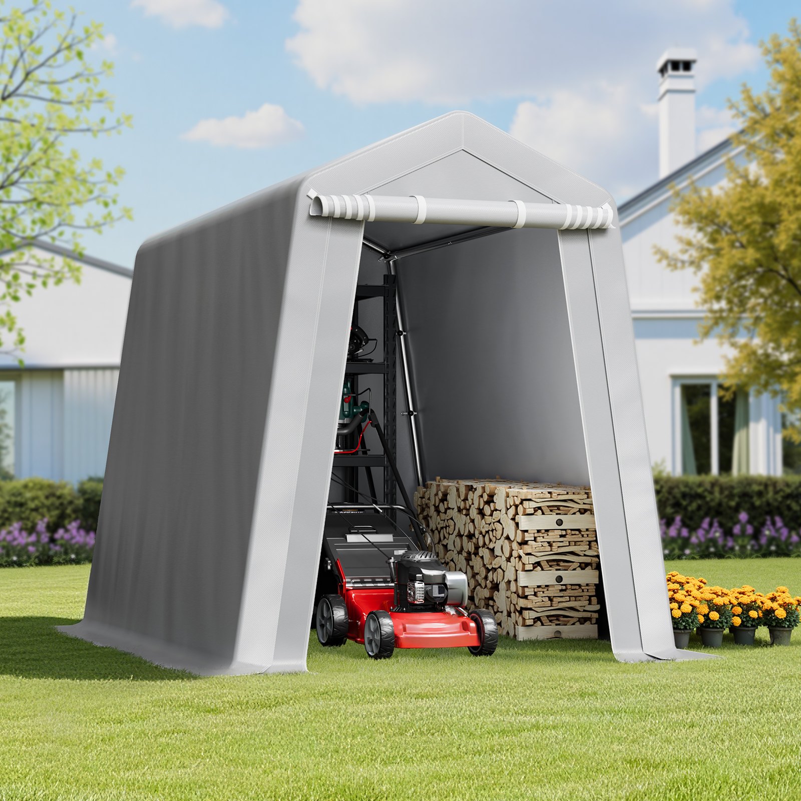 VEVOR Outdoor Storage Shed, 6 x 8 ft Portable Storage Tent with Roll-up Door & Vents, Waterproof Canopy Shed Shelter, Heavy Duty Frame, Patio Garage Carport for Motorcycle, Lawn Mower, Bike, Grey
