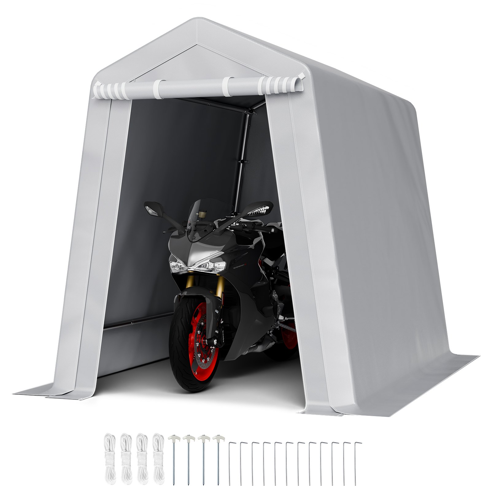 VEVOR Outdoor Storage Shed, 6 x 8 ft Portable Storage Tent with Roll-up Door & Vents, Waterproof Canopy Shed Shelter, Heavy Duty Frame, Patio Garage Carport for Motorcycle, Lawn Mower, Bike, Grey