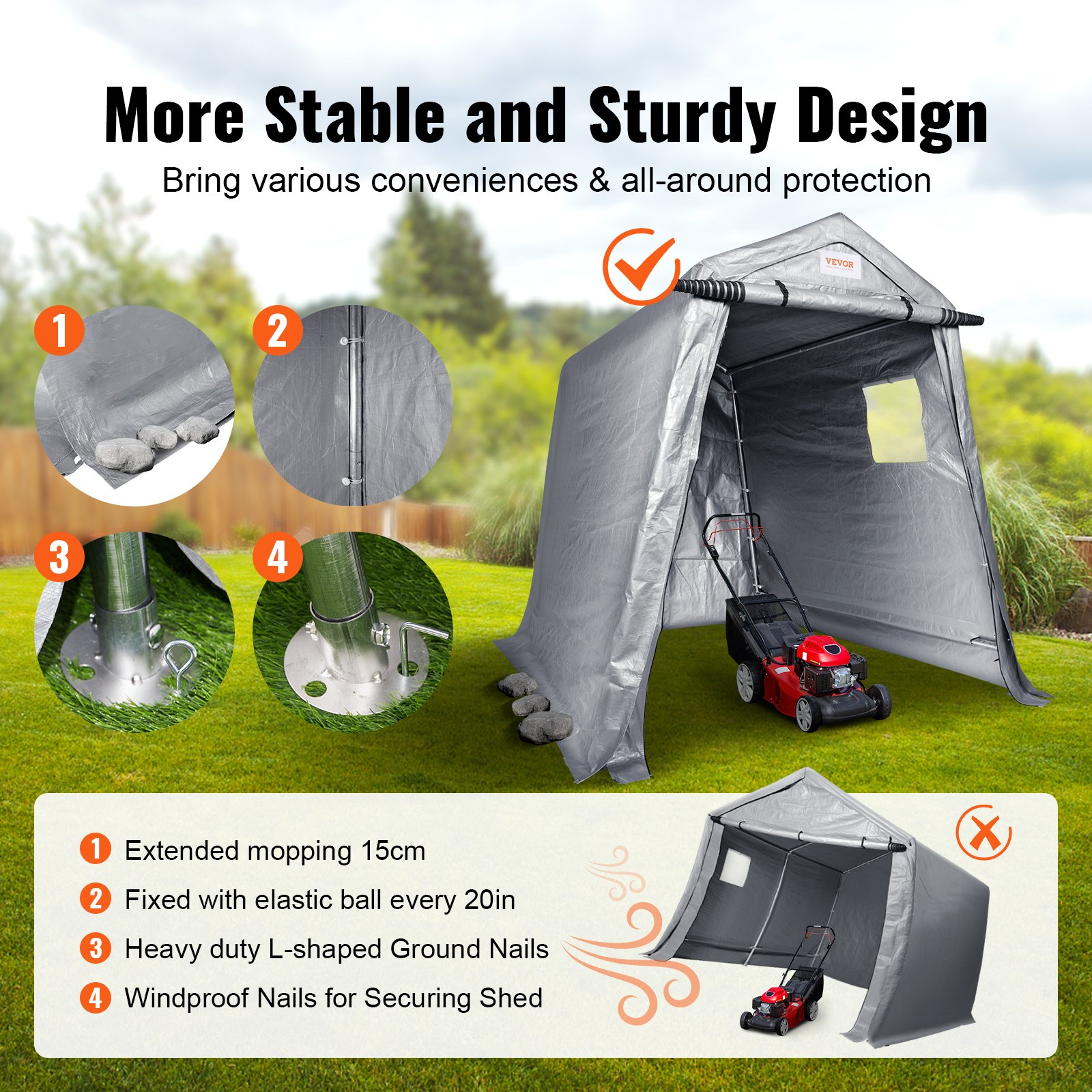 VEVOR Outdoor Storage Shed, 6 x 8 ft Portable Storage Tent with Roll-up Door & Vents, Waterproof Canopy Shed Shelter, Heavy Duty Frame, Patio Garage Carport for Motorcycle, Lawn Mower, Bike, Grey