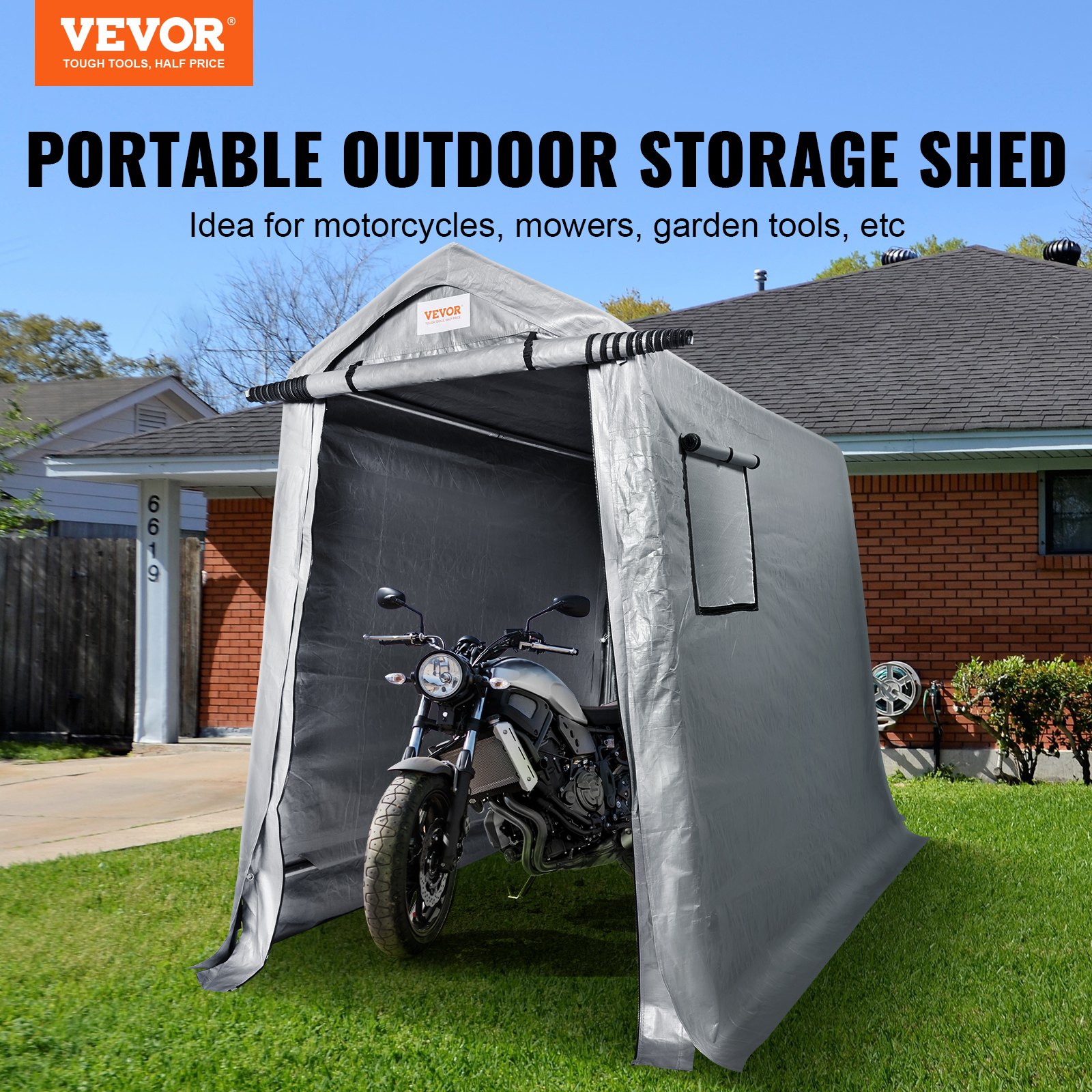 VEVOR Outdoor Storage Shed, 6 x 8 ft Portable Storage Tent with Roll-up Door & Vents, Waterproof Canopy Shed Shelter, Heavy Duty Frame, Patio Garage Carport for Motorcycle, Lawn Mower, Bike, Grey