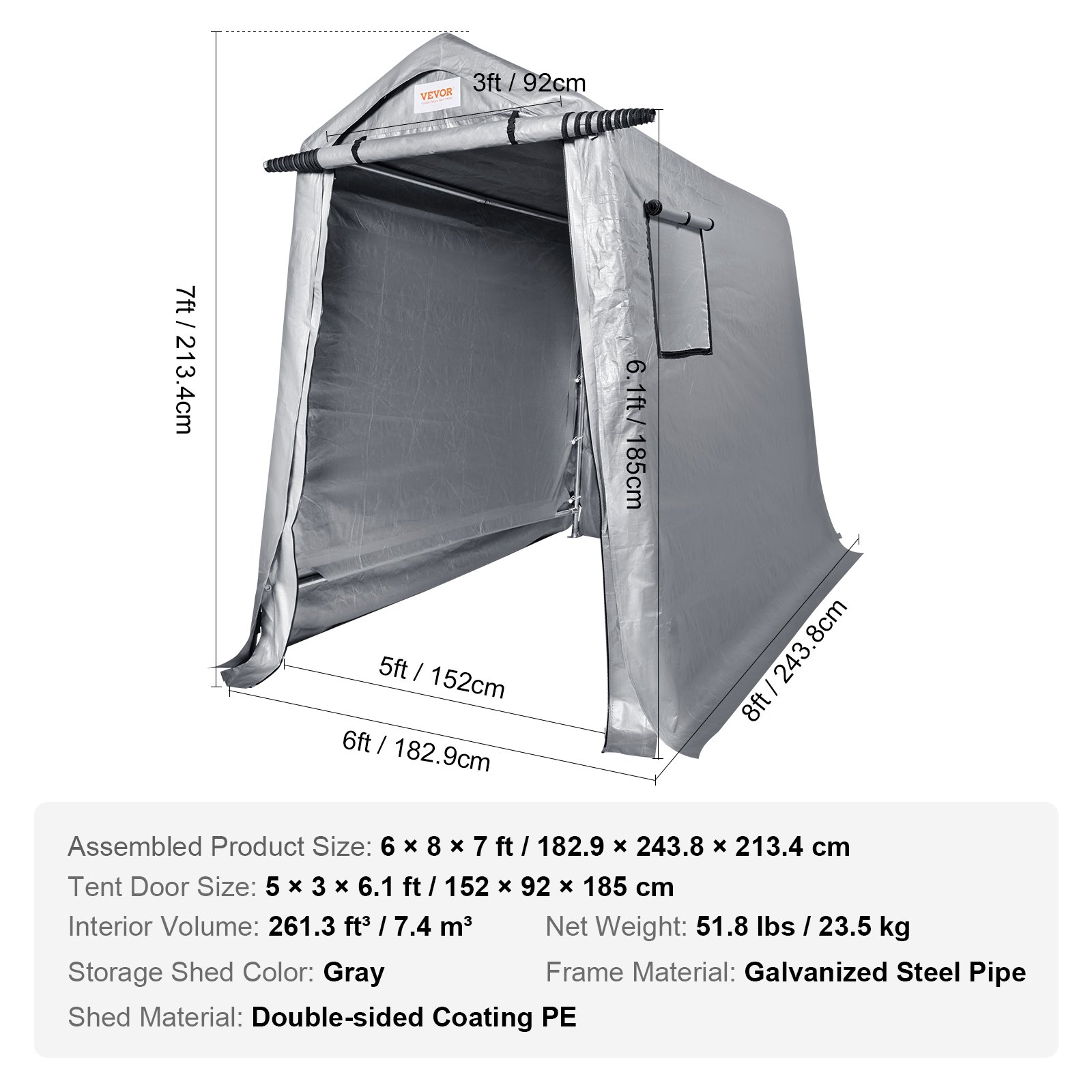 VEVOR Outdoor Storage Shed, 6 x 8 ft Portable Storage Tent with Roll-up Door & Vents, Waterproof Canopy Shed Shelter, Heavy Duty Frame, Patio Garage Carport for Motorcycle, Lawn Mower, Bike, Grey