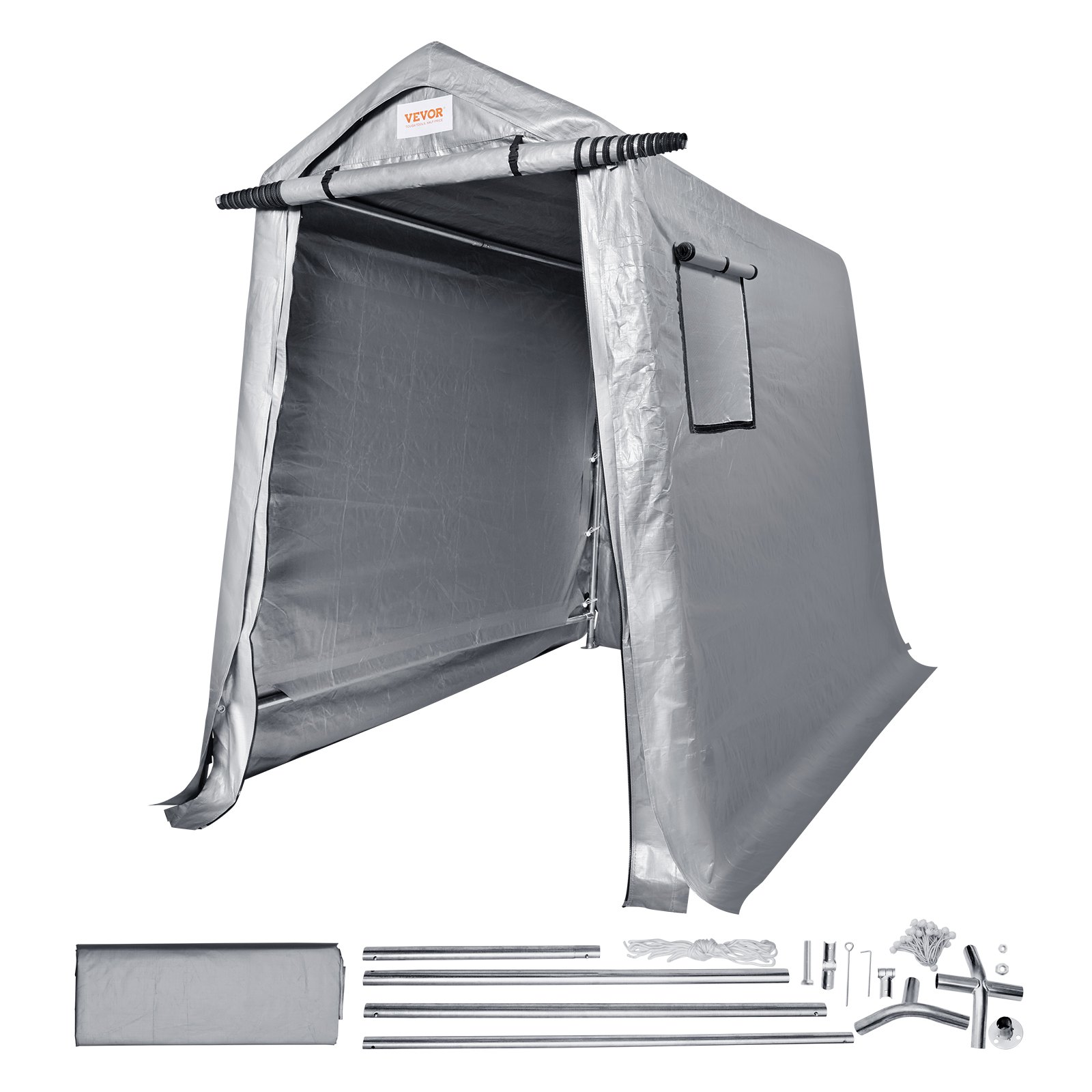 VEVOR Outdoor Storage Shed, 6 x 8 ft Portable Storage Tent with Roll-up Door & Vents, Waterproof Canopy Shed Shelter, Heavy Duty Frame, Patio Garage Carport for Motorcycle, Lawn Mower, Bike, Grey
