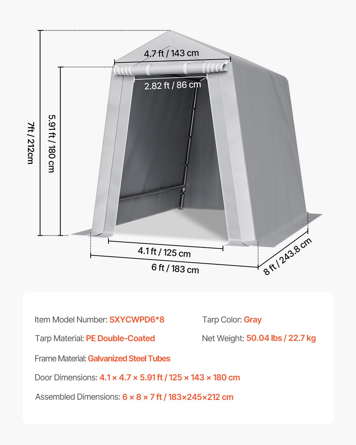 VEVOR Outdoor Storage Shed, 6 x 8 ft Portable Storage Tent with Roll-up Door & Vents, Waterproof Canopy Shed Shelter, Heavy Duty Frame, Patio Garage Carport for Motorcycle, Lawn Mower, Bike, Grey
