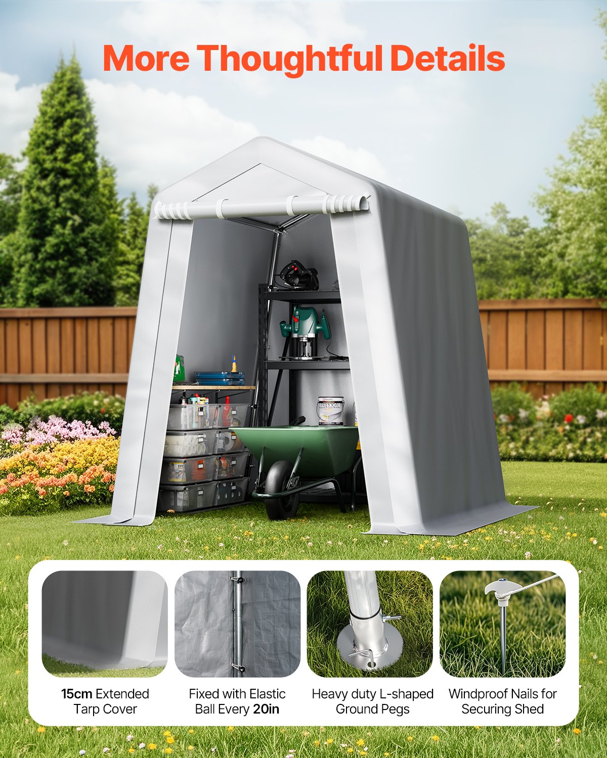 VEVOR Outdoor Storage Shed, 6 x 6 ft Portable Storage Tent with Roll-up Door & Vents, Waterproof Canopy Shed Shelter, Heavy Duty Frame, Patio Garage Carport for Motorcycle, Lawn Mower, Bike, Grey