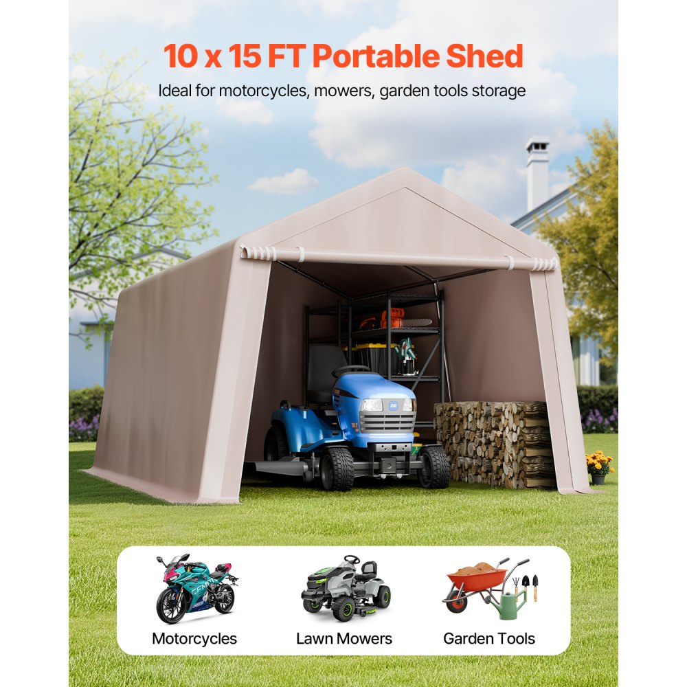 VEVOR Outdoor Storage Shed, 10 x 15 ft Portable Storage Tent with Roll-up Door, Waterproof Canopy Shed Shelter, Heavy Duty Frame, Patio Garage Carport for Motorcycle, Lawn Mower, Bike, Beige