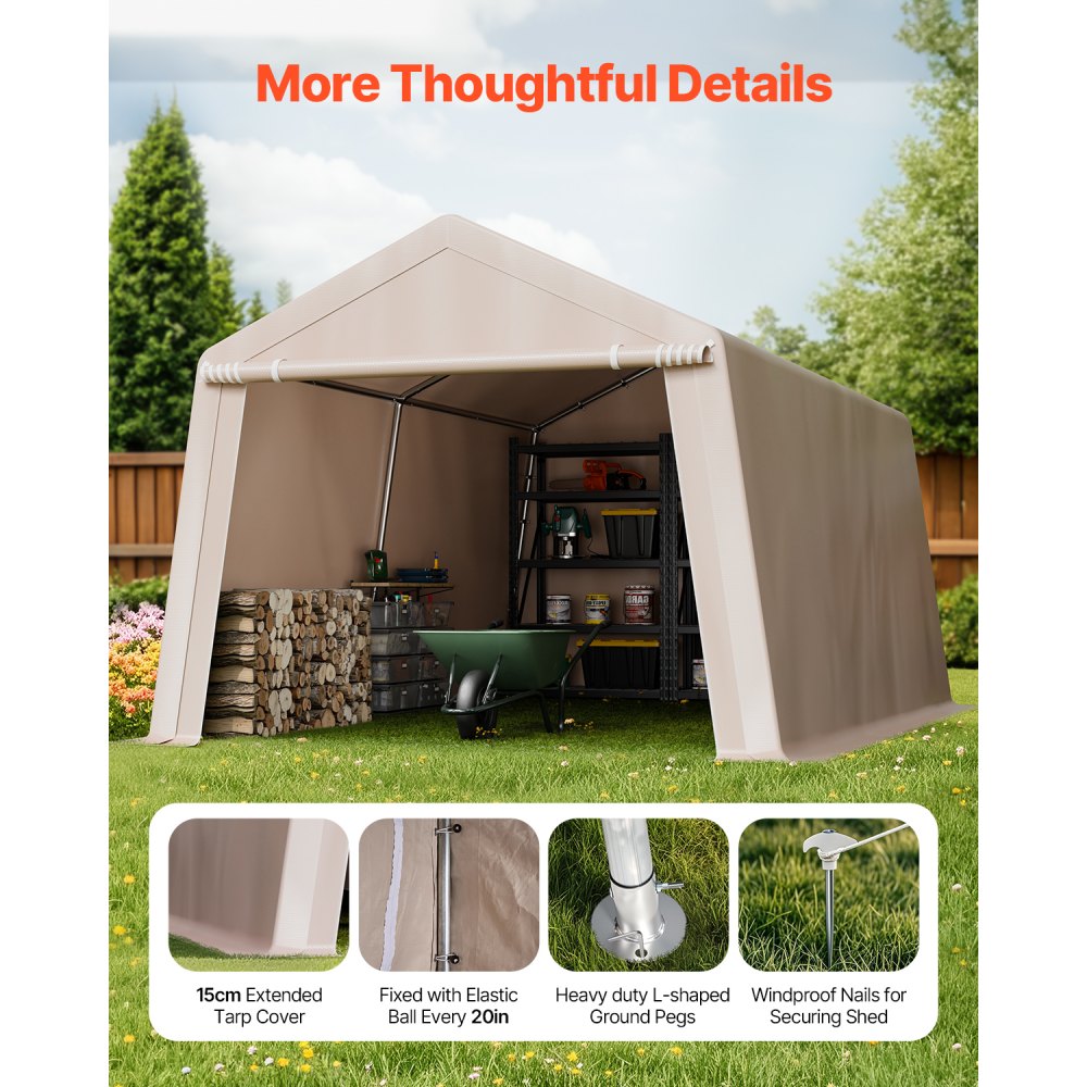 VEVOR Outdoor Storage Shed, 10 x 15 ft Portable Storage Tent with Roll-up Door, Waterproof Canopy Shed Shelter, Heavy Duty Frame, Patio Garage Carport for Motorcycle, Lawn Mower, Bike, Beige